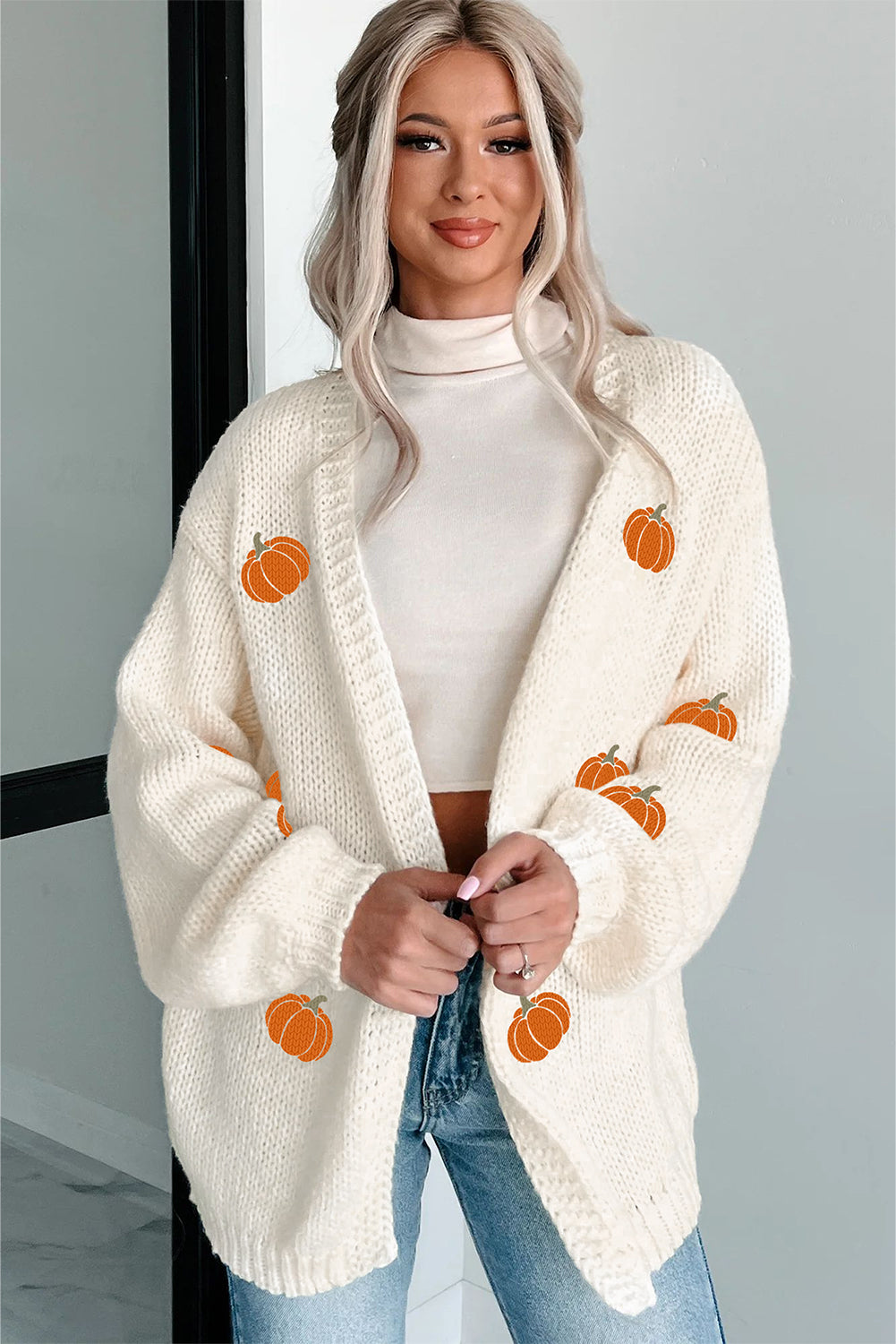 White Pumpkin Print Open Front Drop Shoulder Midi Cardigan-Sweaters & Cardigans/Cardigans-[Adult]-[Female]-2022 Online Blue Zone Planet