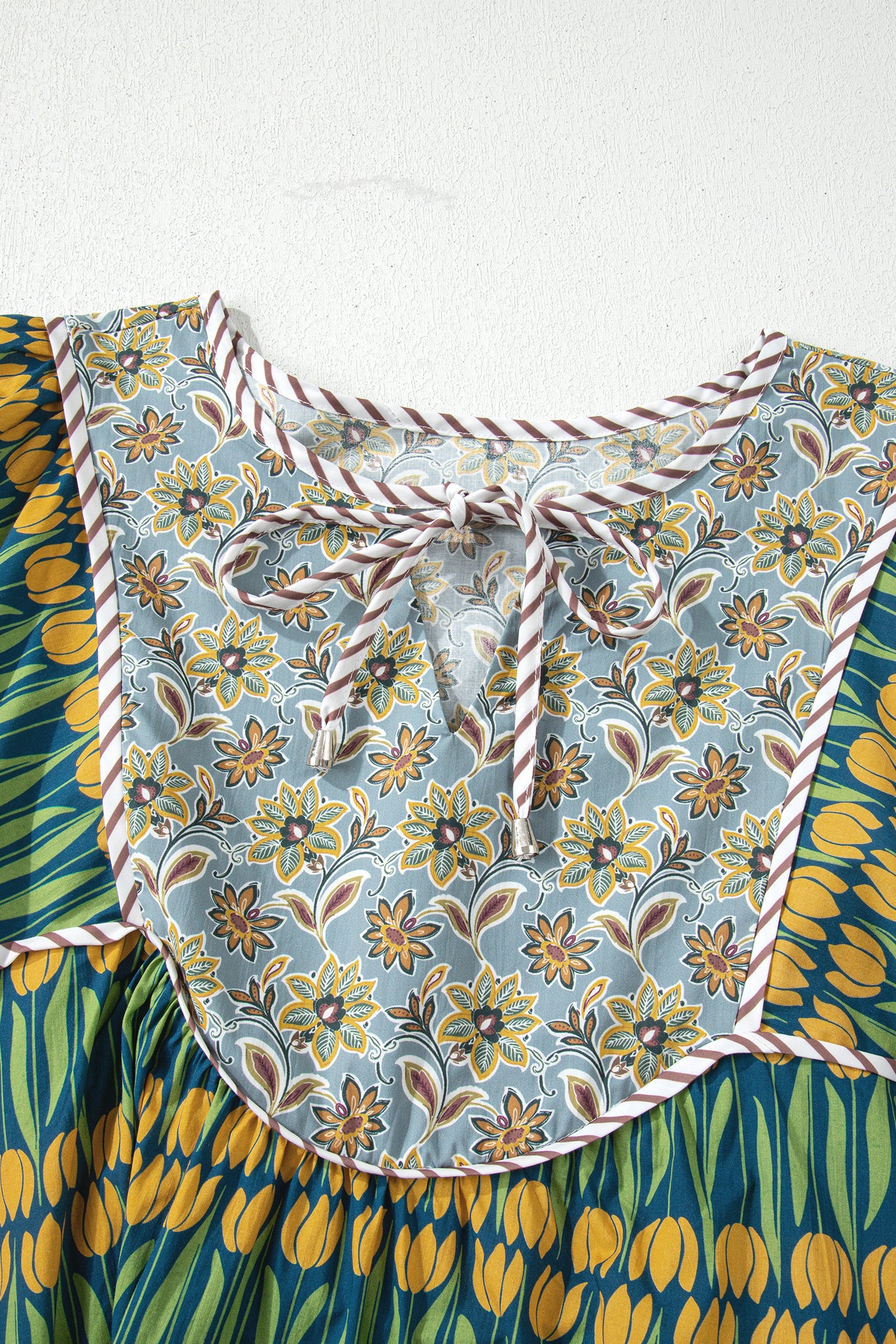 Green Plus Size Mixed Floral Print Striped Trim Loose Mini Dress-TOPS / DRESSES-[Adult]-[Female]-2022 Online Blue Zone Planet