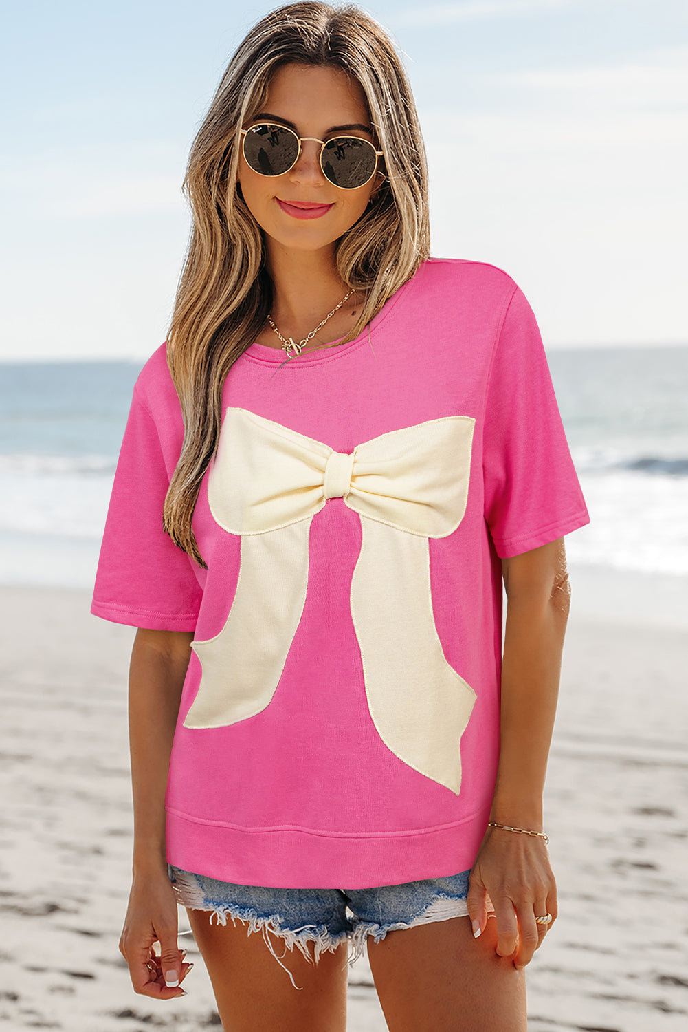 Strawberry Pink Contrasting Color Ribbon Bow Front Patch Loose Tee with Slits-Tops/Tops & Tees-[Adult]-[Female]-2022 Online Blue Zone Planet