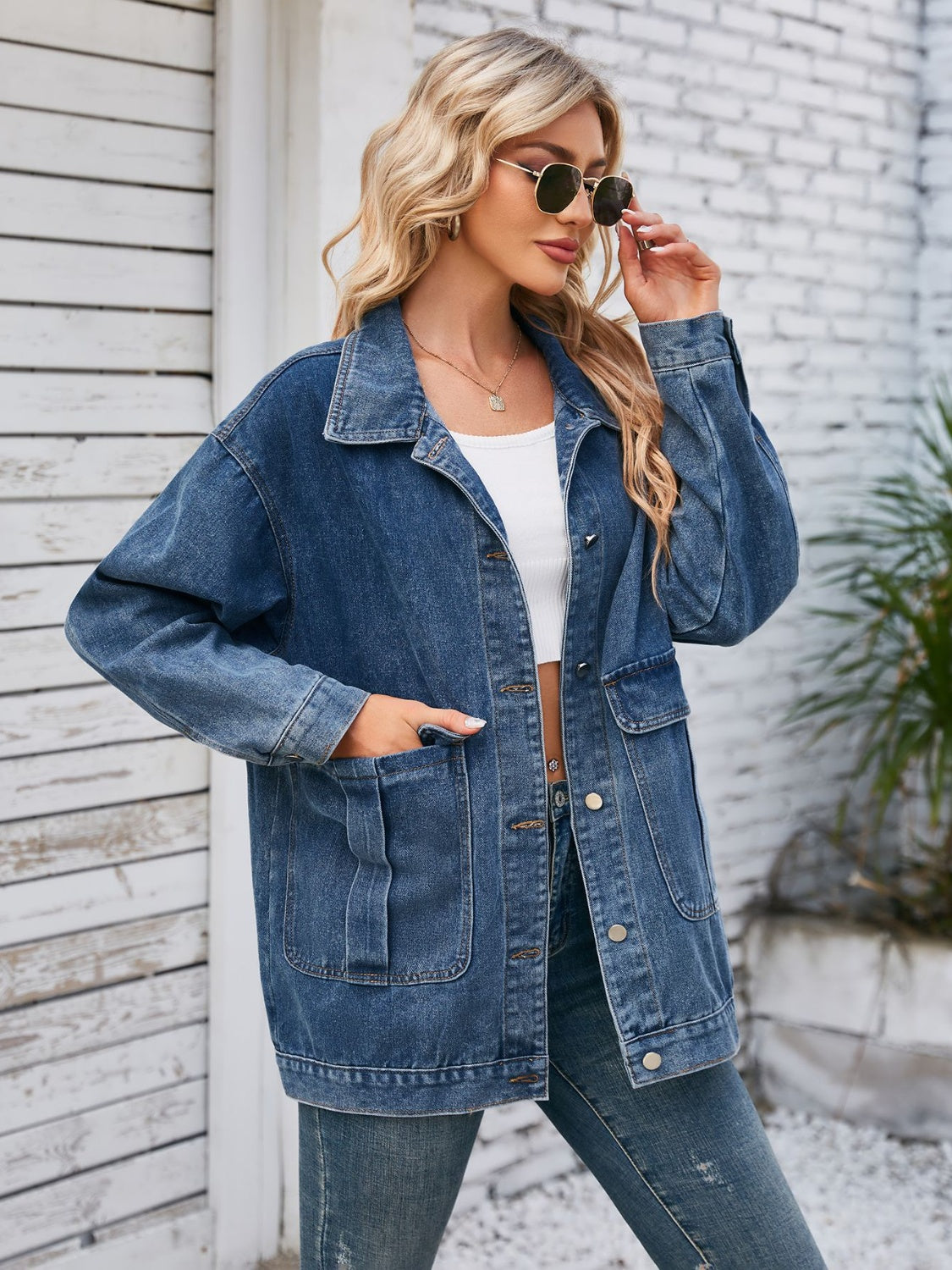 Button Up Long Sleeve Denim Jacket-TOPS / DRESSES-[Adult]-[Female]-2022 Online Blue Zone Planet