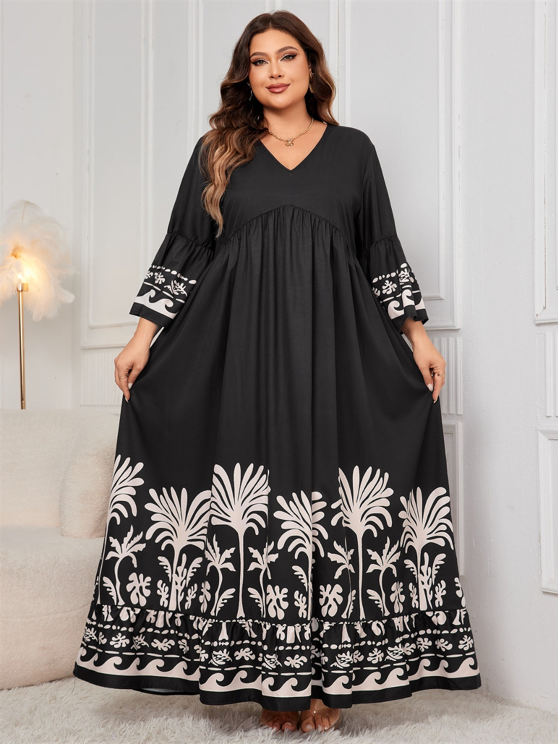 Blue Zone Planet Plus Size Printed V Neck Long Sleeve Maxi Dress