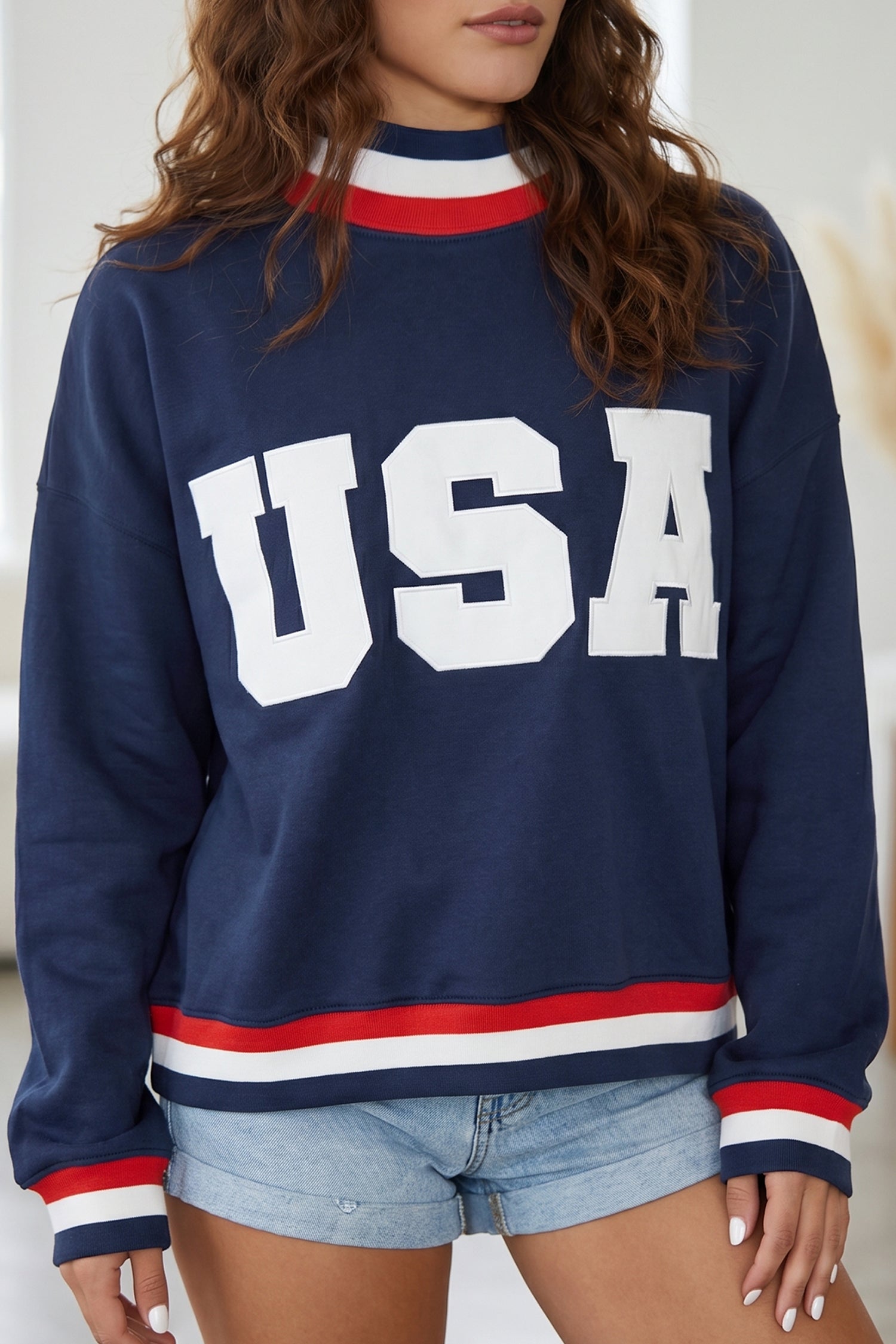 Dirty blue USA Slogan Patch Embroidery Colorblock High Neck Long Sleeve Sweatshirt-Tops/Sweatshirts & Hoodies-[Adult]-[Female]-Dirty blue-S-2022 Online Blue Zone Planet