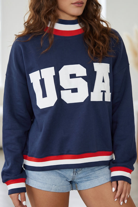 Dirty blue USA Slogan Patch Embroidery Colorblock High Neck Long Sleeve Sweatshirt-Tops/Sweatshirts & Hoodies-[Adult]-[Female]-Dirty blue-S-2022 Online Blue Zone Planet