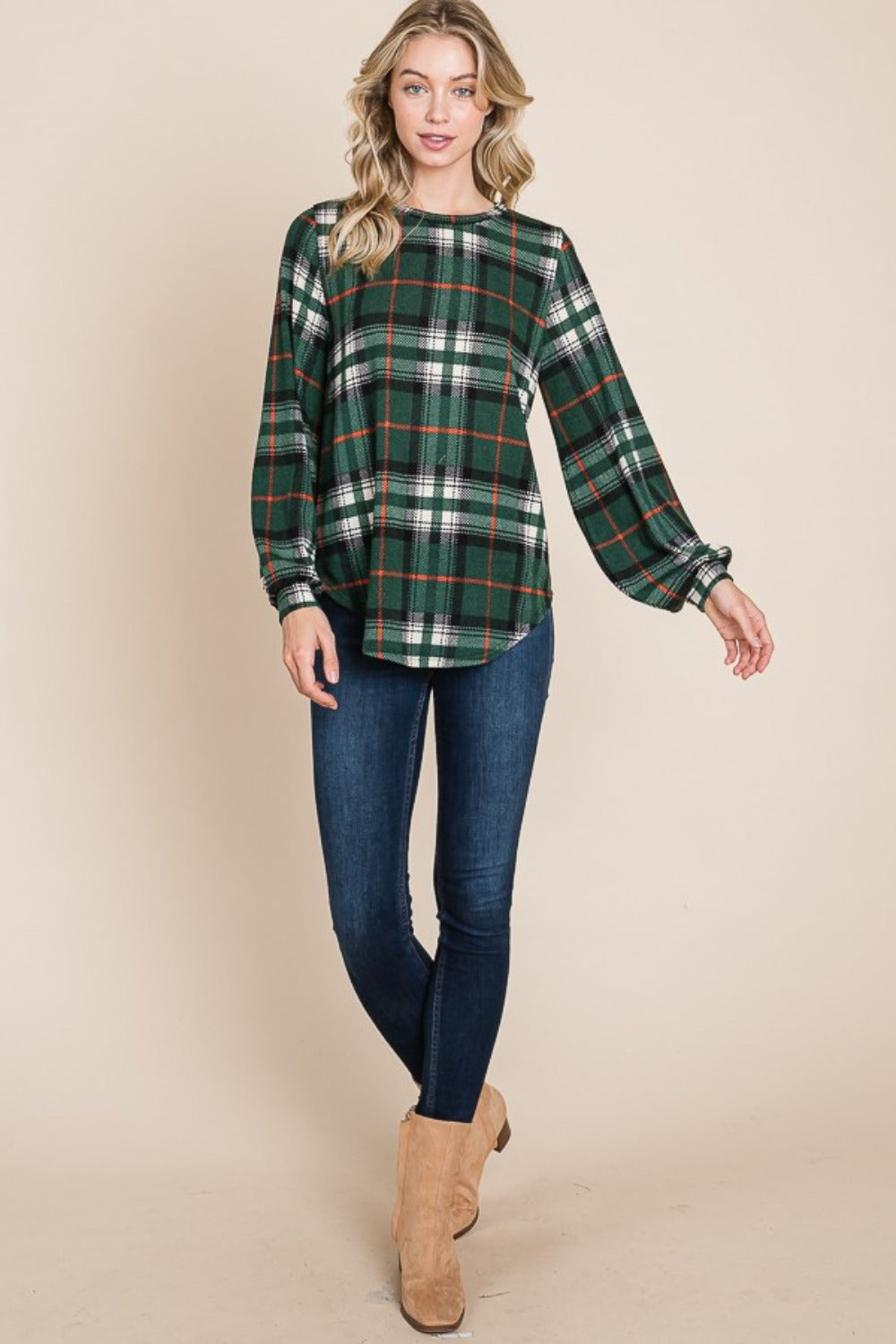 Blue Zone Planet | BOMBOM Curved Hem Plaid Round Neck Long Sleeve Top-TOPS / DRESSES-[Adult]-[Female]-2022 Online Blue Zone Planet