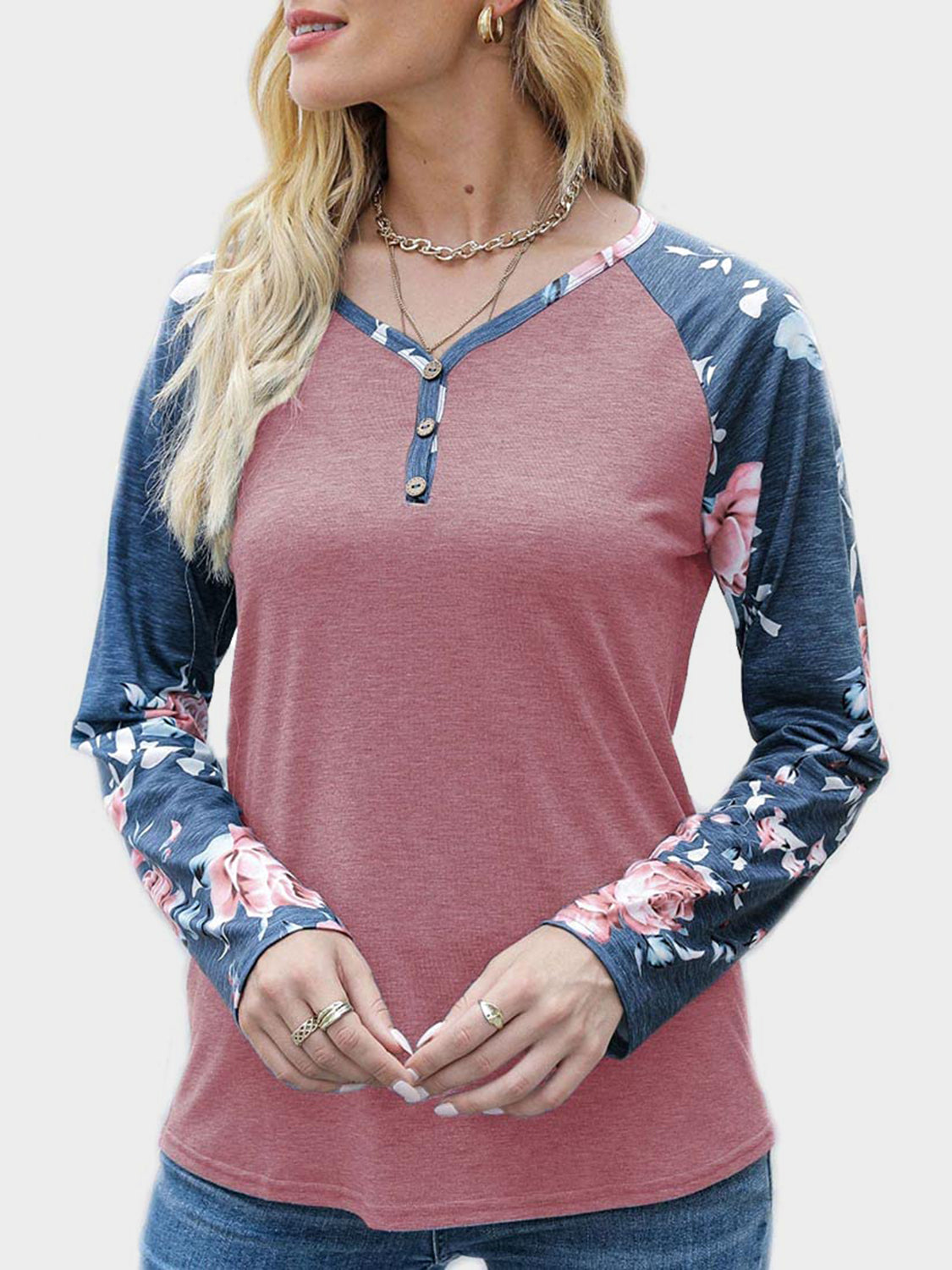 V-Neck Floral Long Sleeve T-Shirt-TOPS / DRESSES-[Adult]-[Female]-Dusty Pink-S-2022 Online Blue Zone Planet