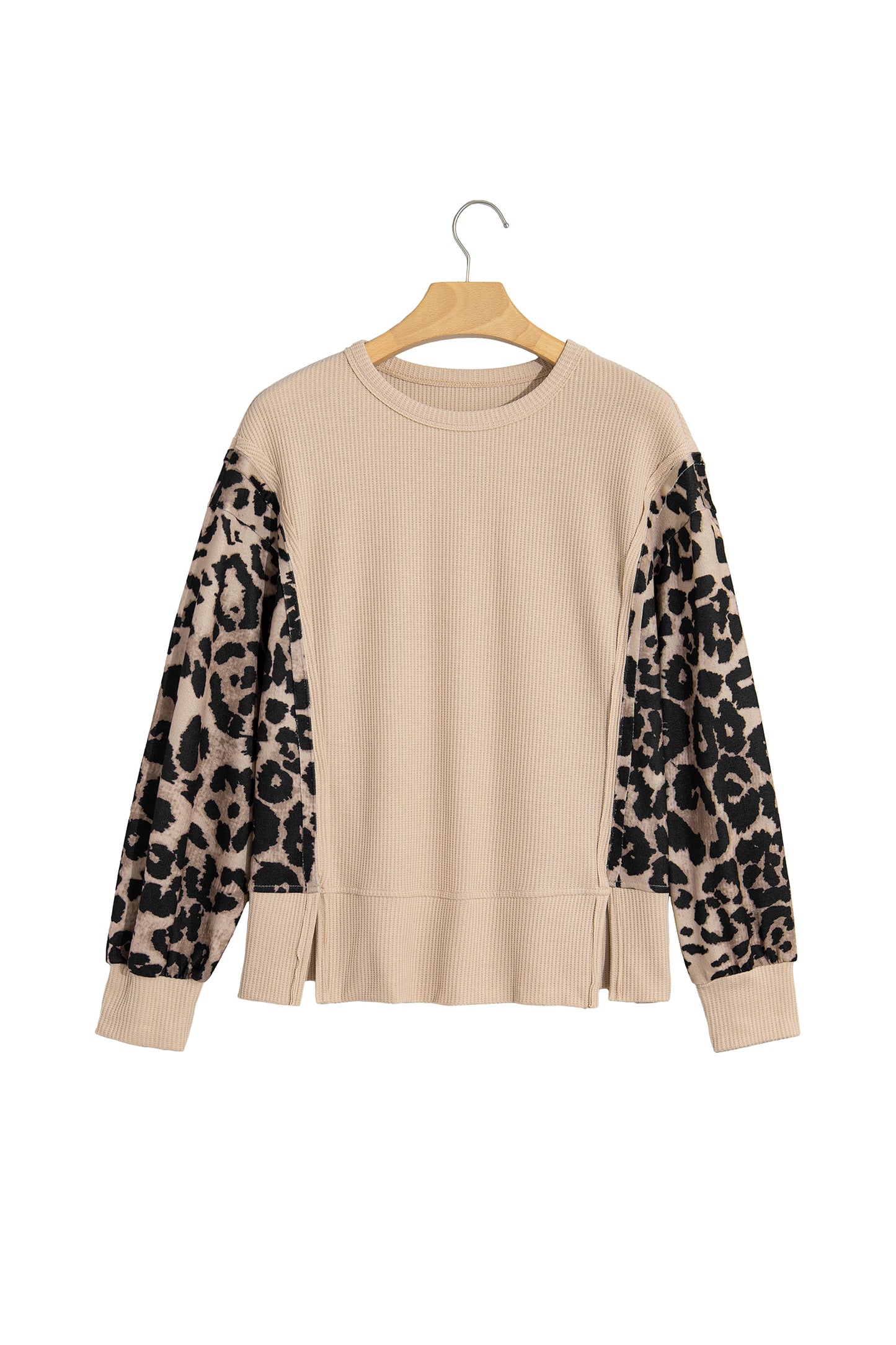 Gray Morn Leopard Sleeve Waffle Knit Split Hem Top-Tops/Long Sleeve Tops-[Adult]-[Female]-2022 Online Blue Zone Planet
