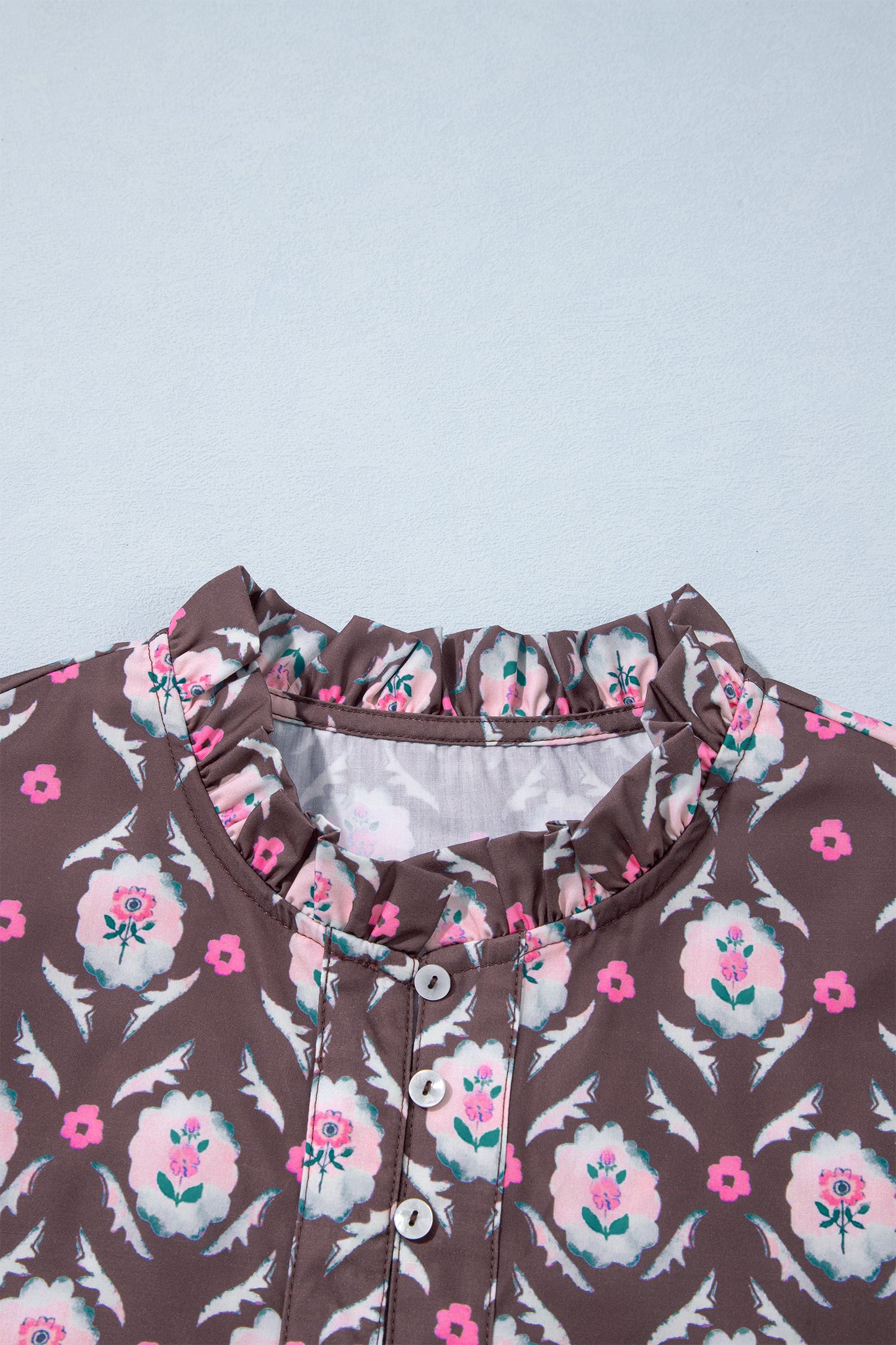 Brown Floral Print Button Front Ruffle Hem Midi Dress-TOPS / DRESSES-[Adult]-[Female]-2022 Online Blue Zone Planet