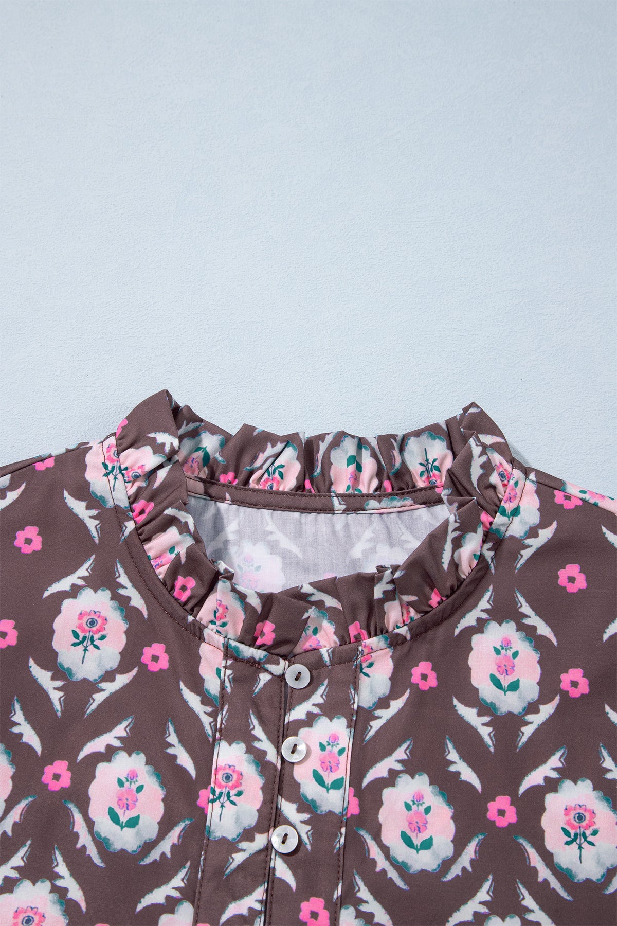 Brown Floral Print Button Front Ruffle Hem Midi Dress-TOPS / DRESSES-[Adult]-[Female]-2022 Online Blue Zone Planet