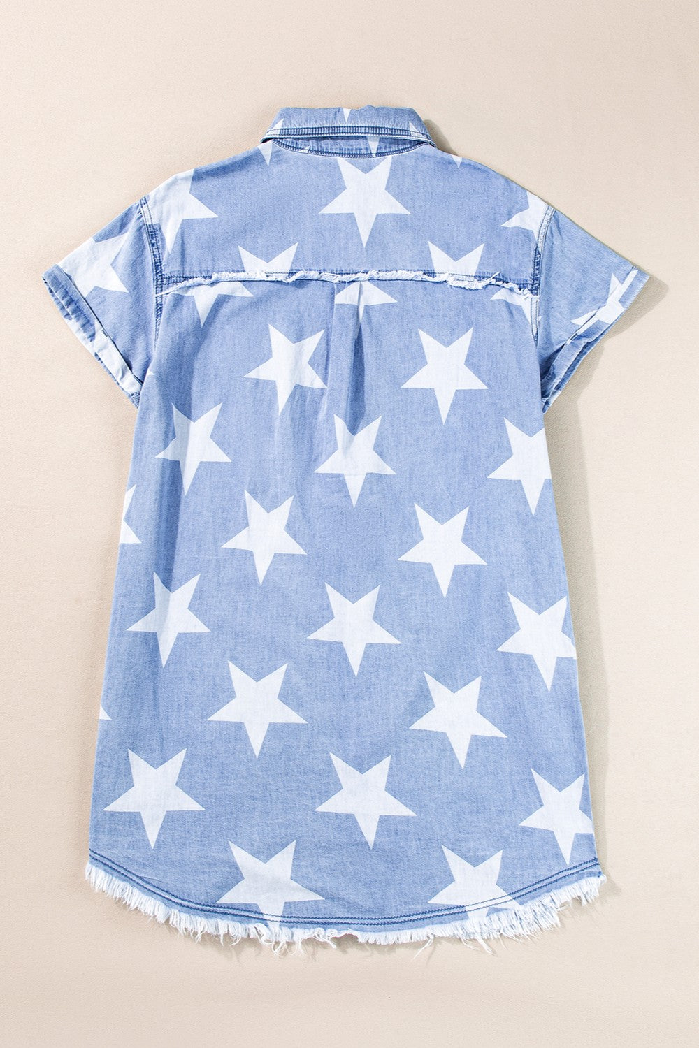 Raw Hem Star Short Sleeve Denim Dress-TOPS / DRESSES-[Adult]-[Female]-2022 Online Blue Zone Planet