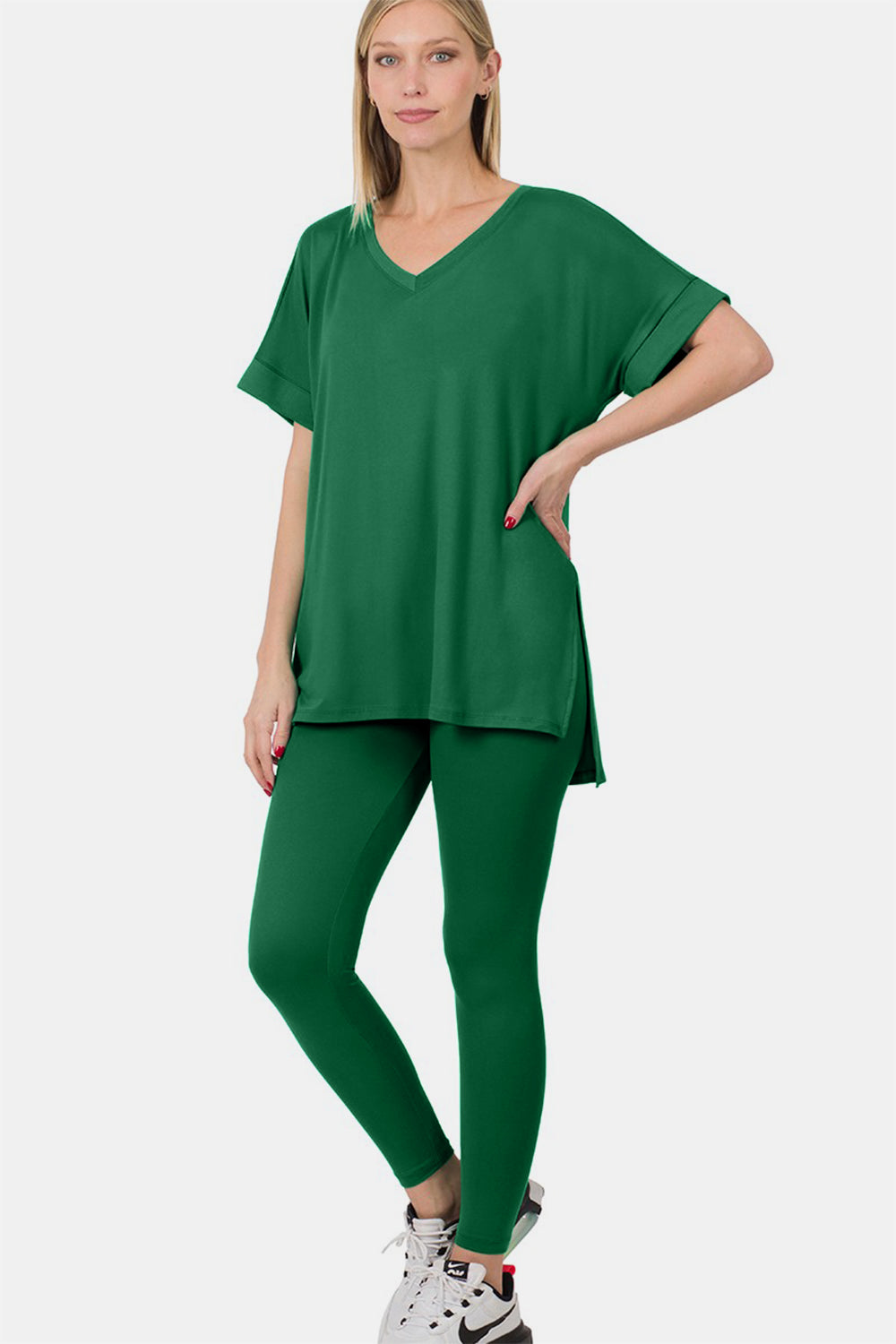 Zenana V-Neck Rolled Short Sleeve T-Shirt and Leggings Lounge Set-TOPS / DRESSES-[Adult]-[Female]-2022 Online Blue Zone Planet