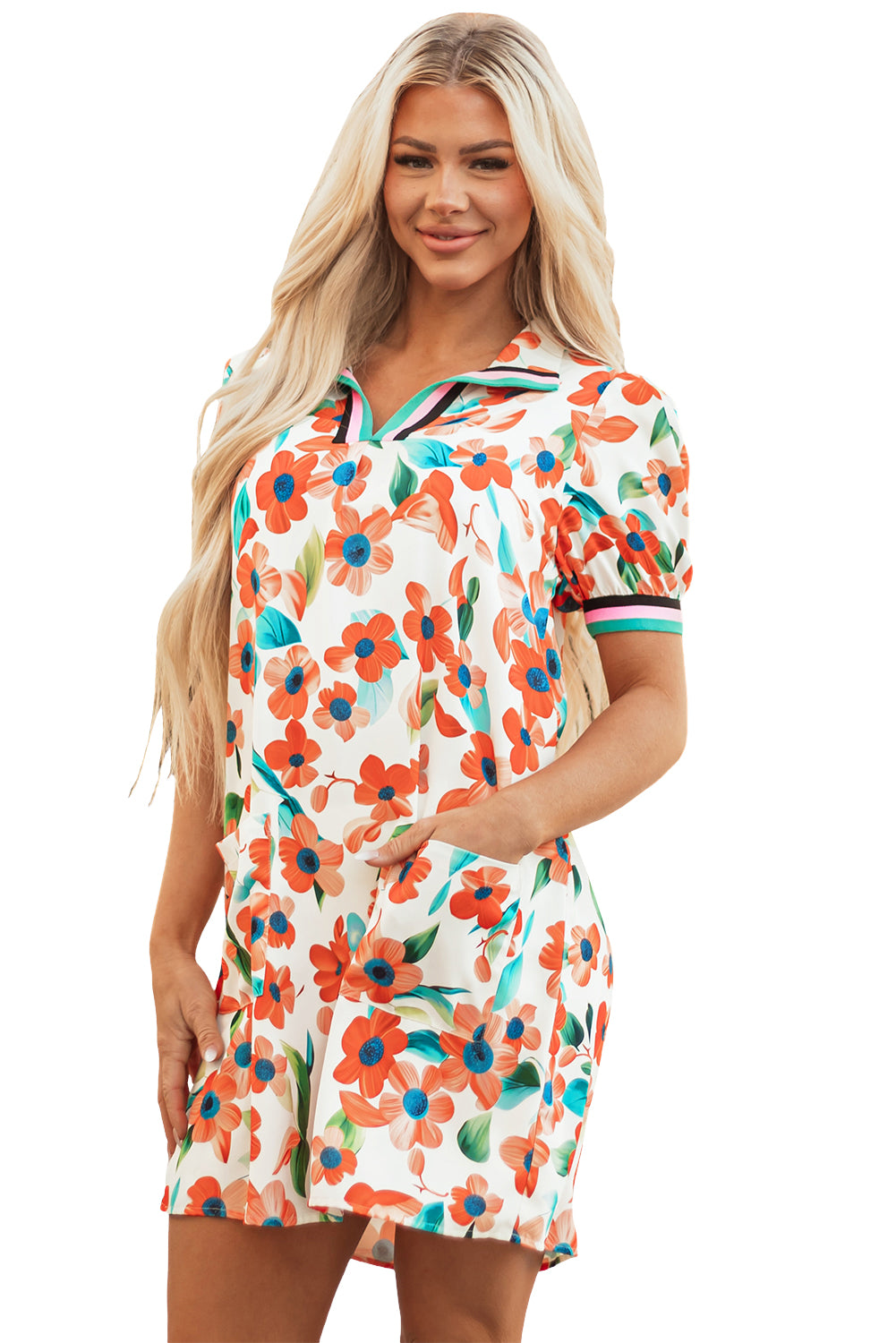 Orange Contrast Trim Floral Split Neck Puff Short Sleeve Tiered Mini Dress-TOPS / DRESSES-[Adult]-[Female]-2022 Online Blue Zone Planet