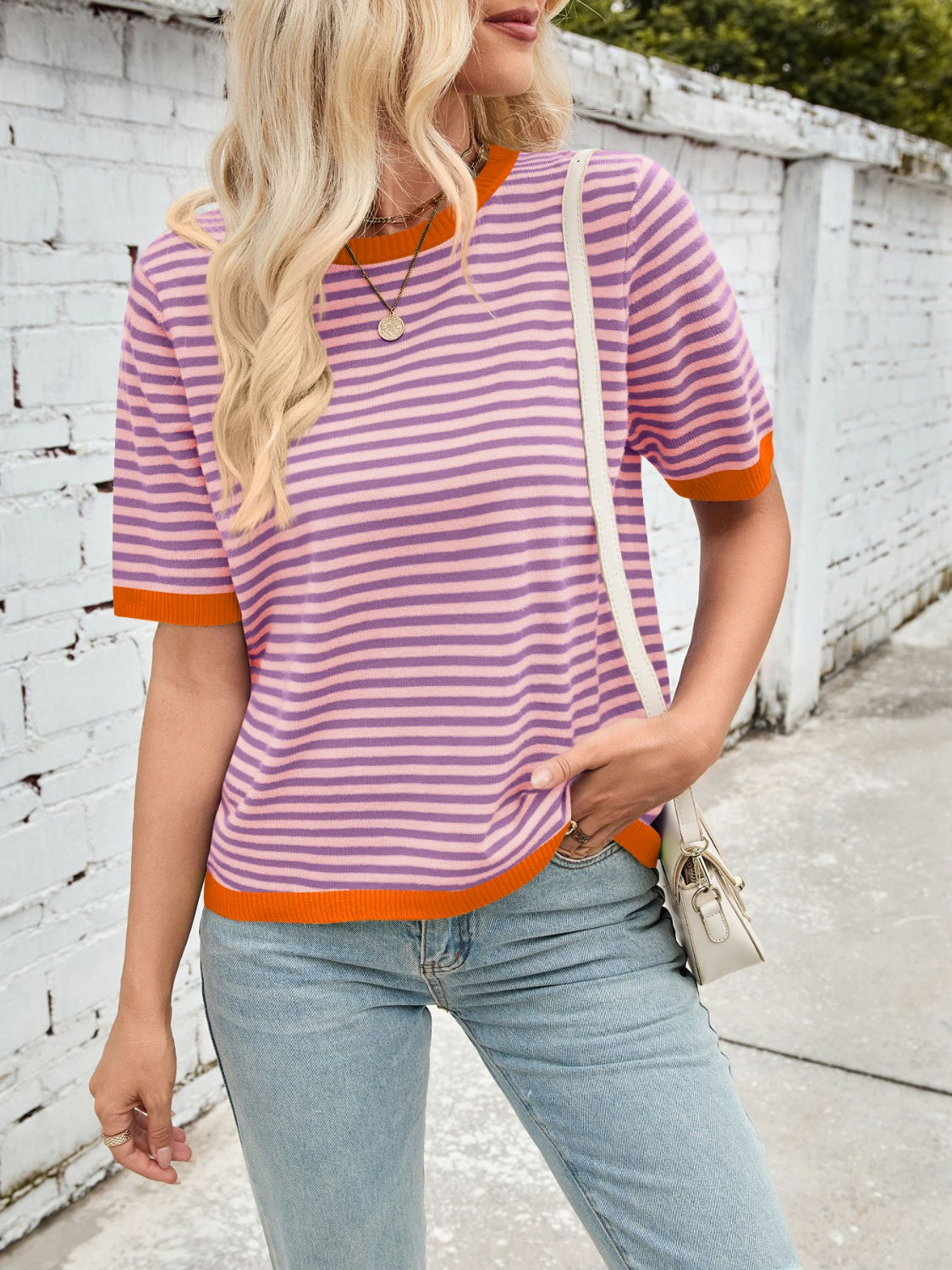 Lovelet Striped Contrast Round Neck Half Sleeve Knit Top-TOPS / DRESSES-[Adult]-[Female]-2022 Online Blue Zone Planet