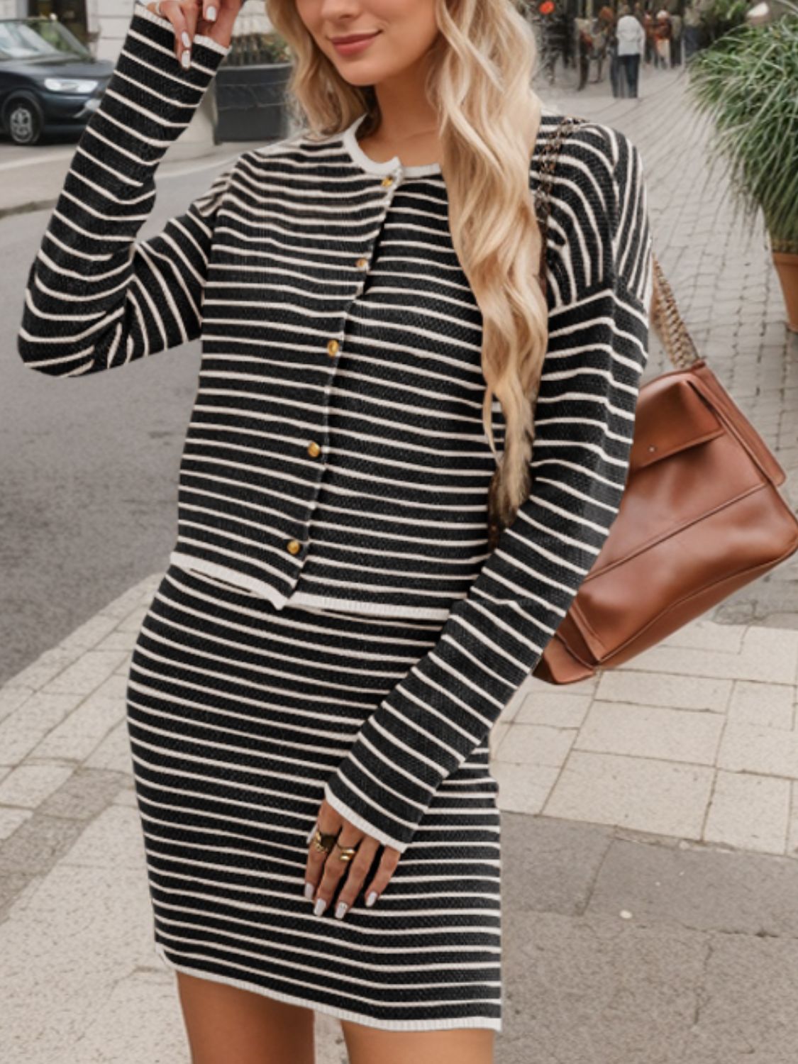 Blue Zone Planet | Striped Long Sleeve Top and Skirt Set-[Adult]-[Female]-2022 Online Blue Zone Planet