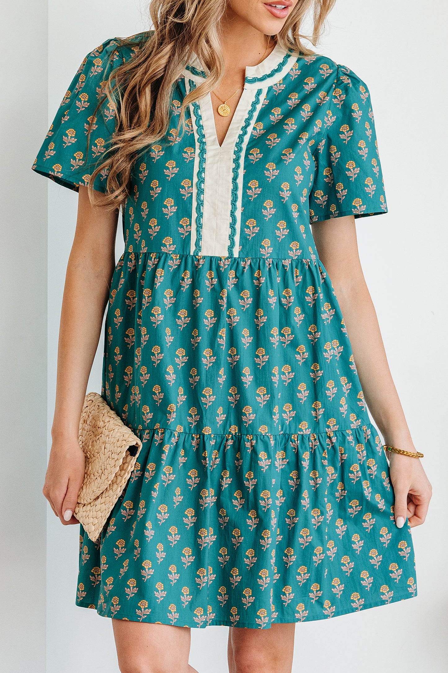 Green Contrast Trim V Neck Short Sleeve Floral Dress-TOPS / DRESSES-[Adult]-[Female]-2022 Online Blue Zone Planet