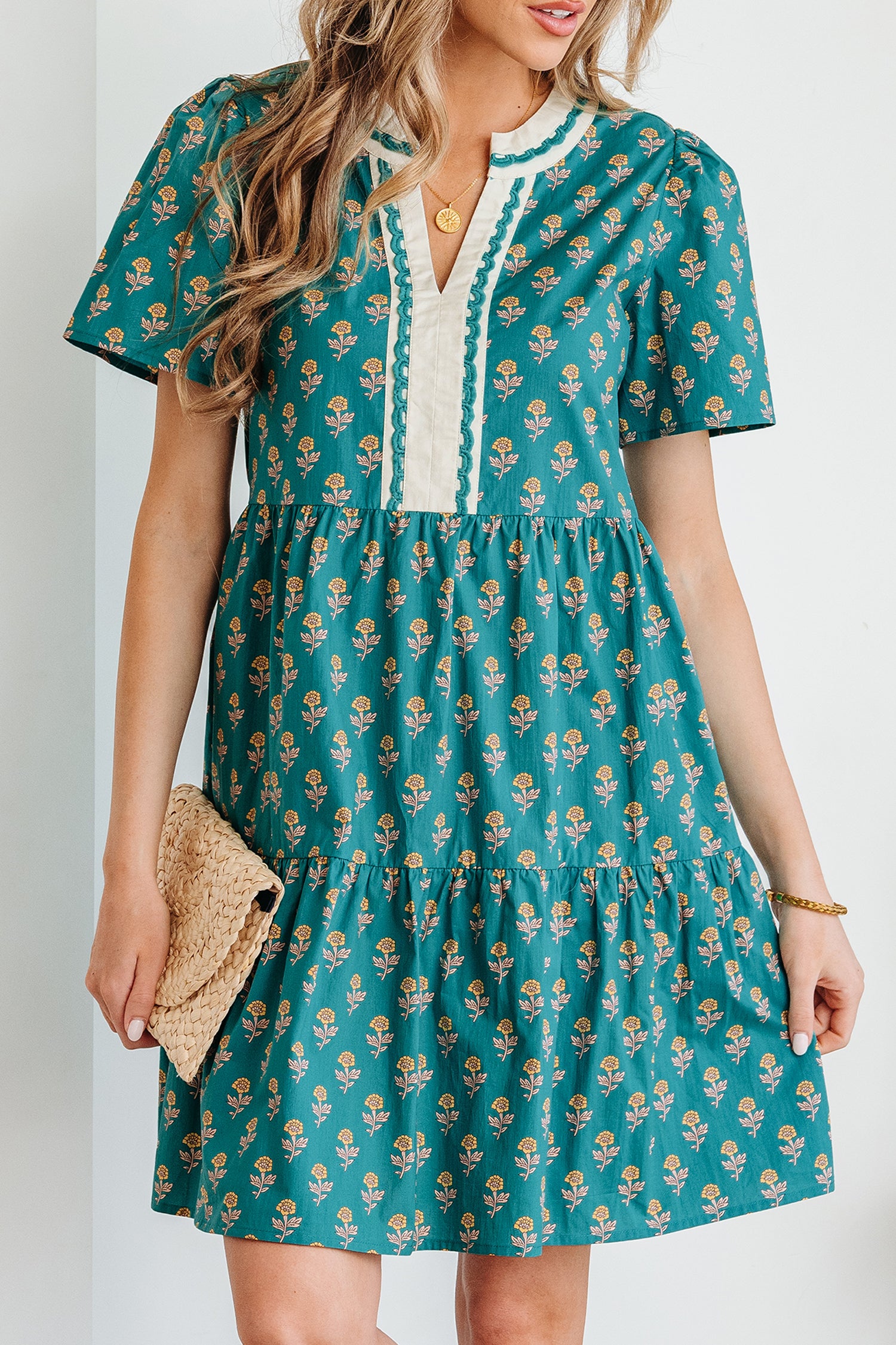Green Contrast Trim V Neck Short Sleeve Floral Dress-TOPS / DRESSES-[Adult]-[Female]-2022 Online Blue Zone Planet