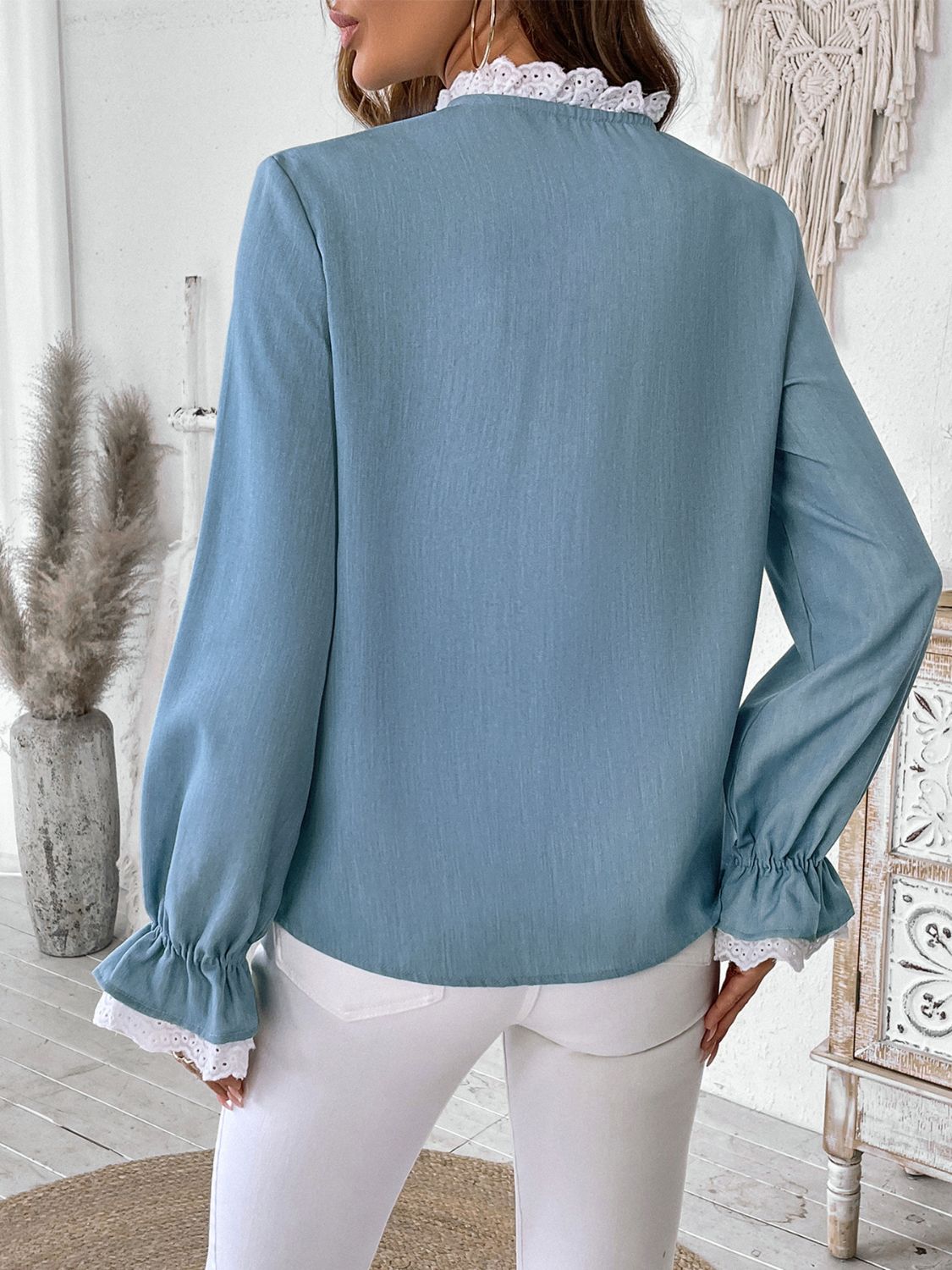 Perfee Lace Detail Button Down Long Sleeve Shirt-TOPS / DRESSES-[Adult]-[Female]-2022 Online Blue Zone Planet