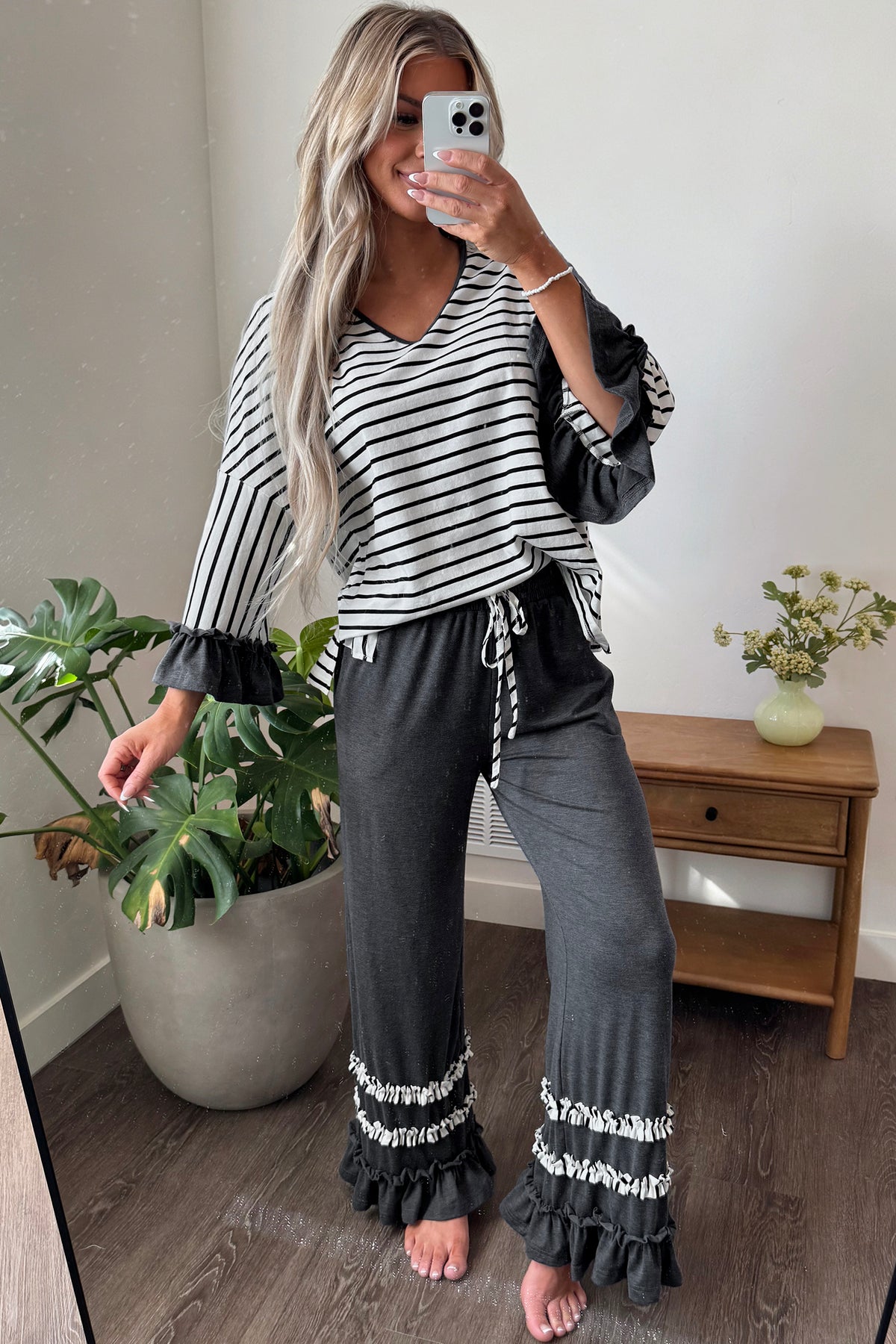 Gray Stripe V Neck Ruffle Contrast Sleeve Top Drawstring Pants 2pcs Set-Two Piece Sets/Pant Sets-[Adult]-[Female]-2022 Online Blue Zone Planet