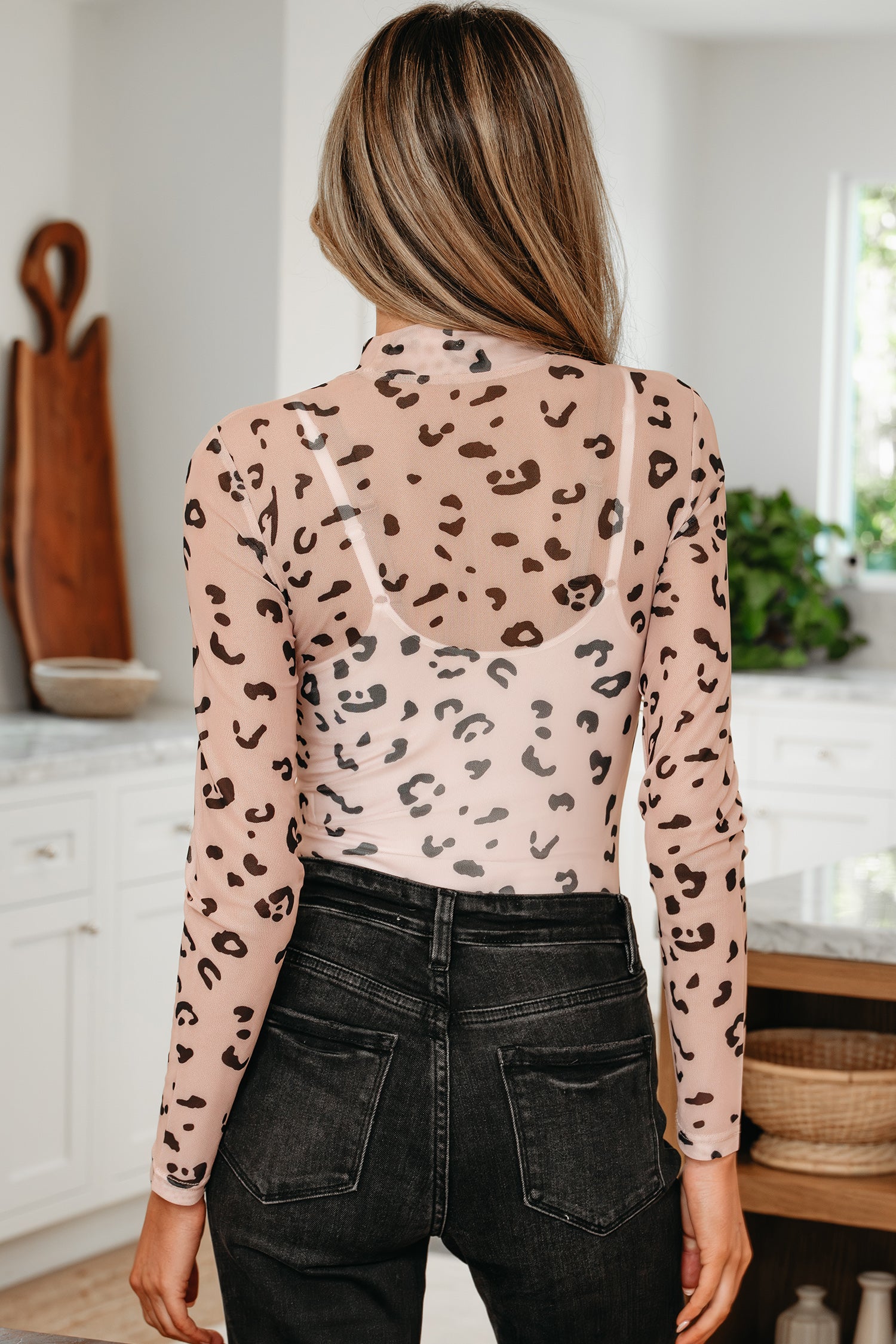 Khaki Mock Neck Sheer Mesh Leopard Long Sleeve Bodysuit-Tops/Bodysuits-[Adult]-[Female]-2022 Online Blue Zone Planet