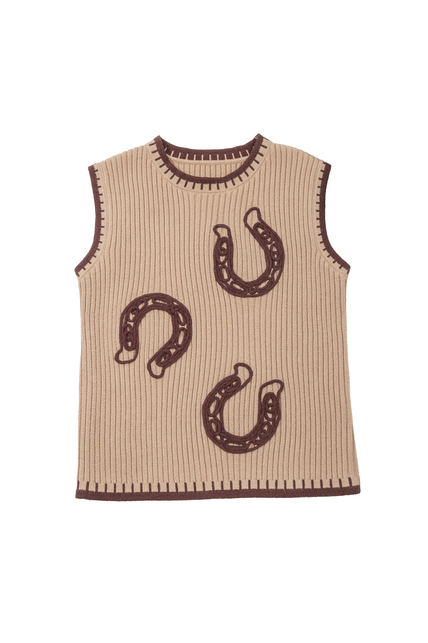 Light French Beige Ribbed Knit Contrast Trim Round Neck Horseshoe Sweater Vest-Sweaters & Cardigans/Sweater Vests-[Adult]-[Female]-2022 Online Blue Zone Planet