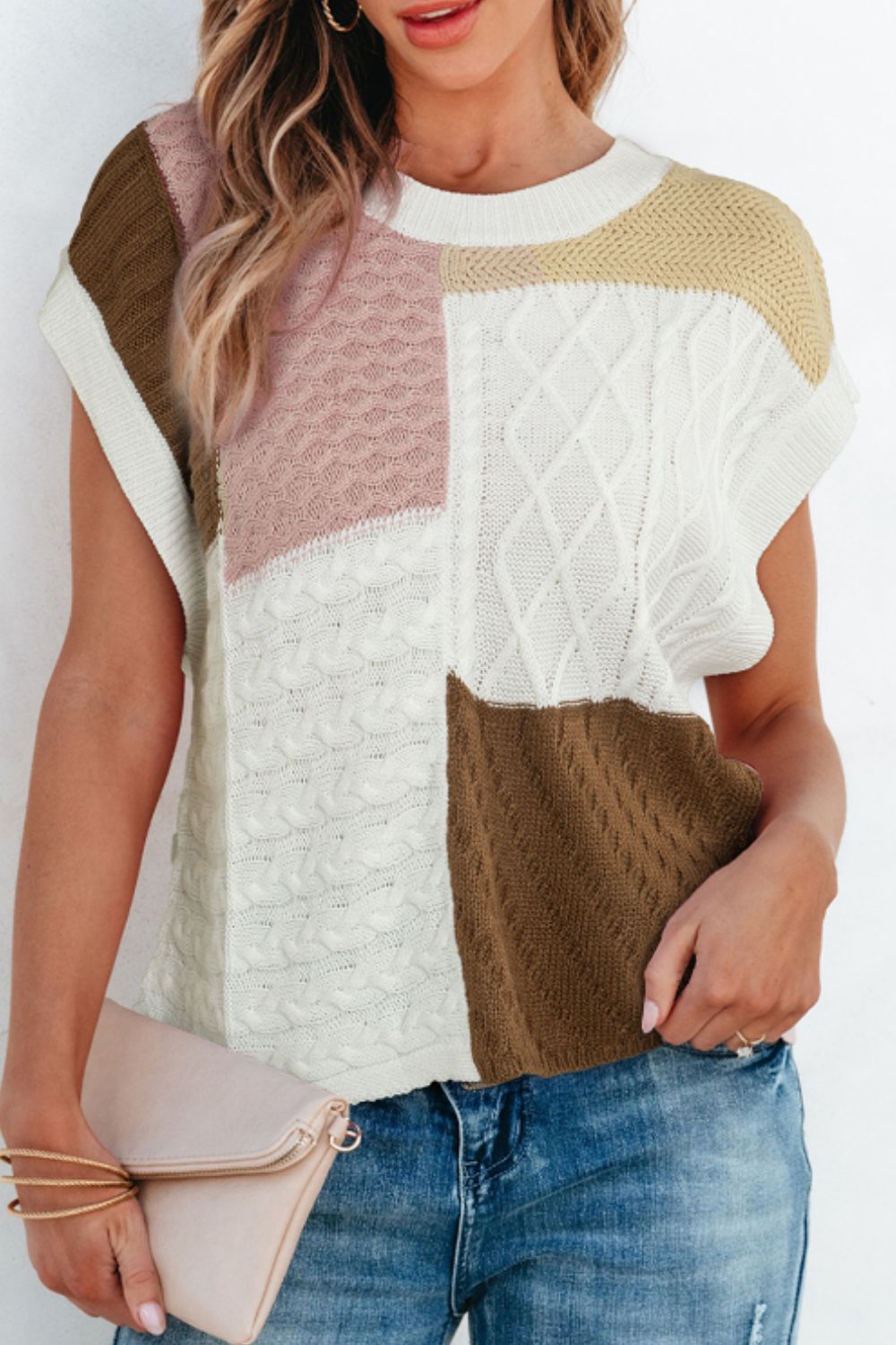 Cable-Knit Color Block Round Neck Sweater Vest-TOPS / DRESSES-[Adult]-[Female]-2022 Online Blue Zone Planet