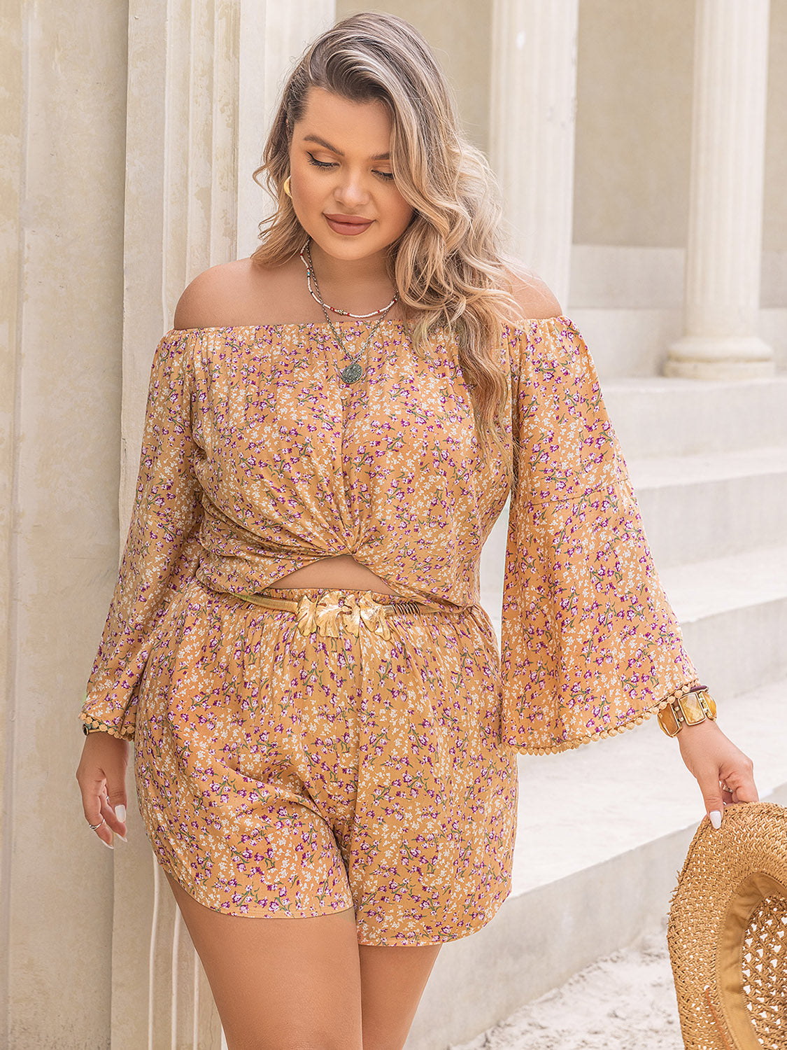 Plus Size Printed Off-Shoulder Top and Shorts Set-BOTTOMS SIZES SMALL MEDIUM LARGE-[Adult]-[Female]-2022 Online Blue Zone Planet