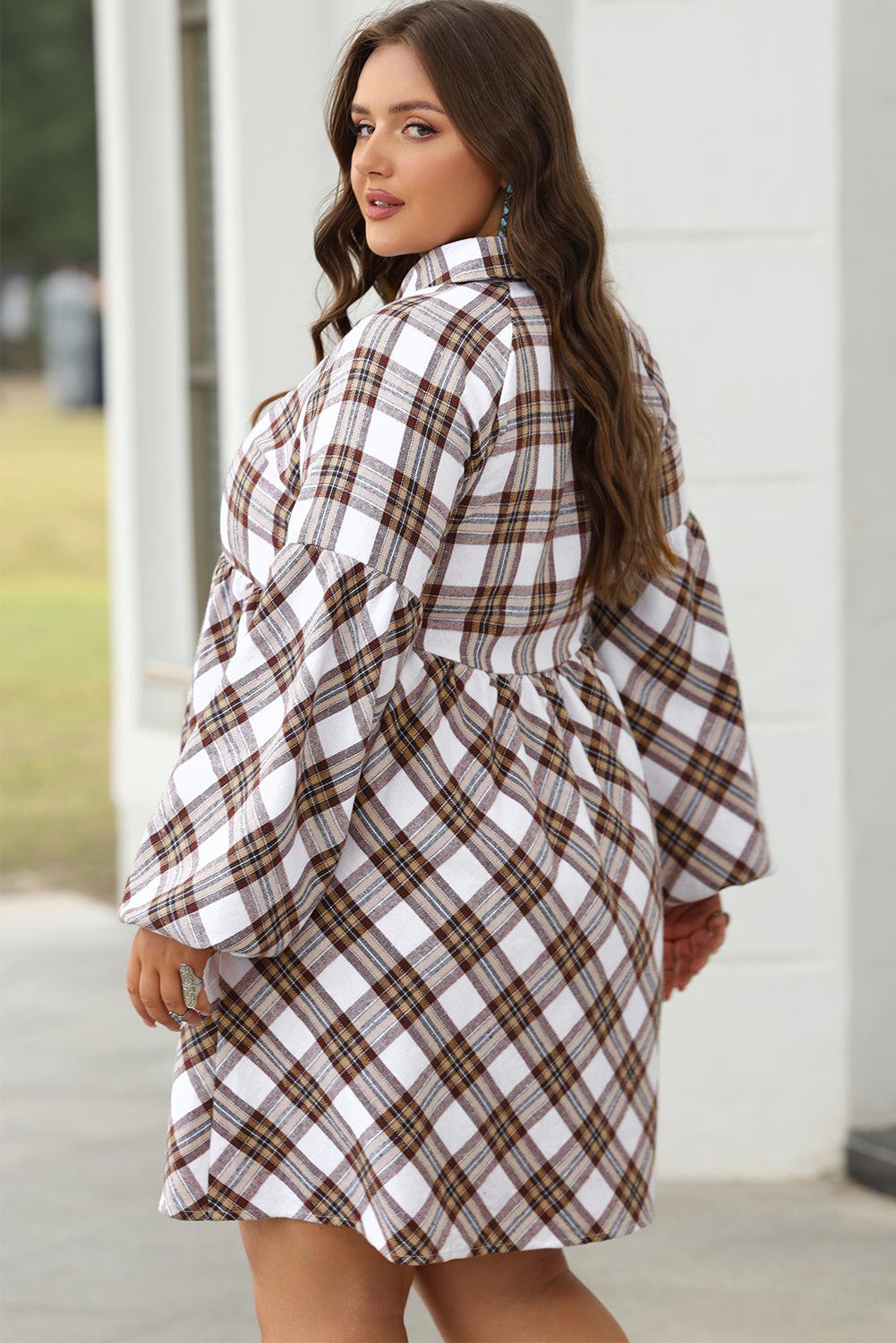 Blue Zone Planet | White Plaid Bubble Sleeve Flowy Shirt Dress-TOPS / DRESSES-[Adult]-[Female]-2022 Online Blue Zone Planet