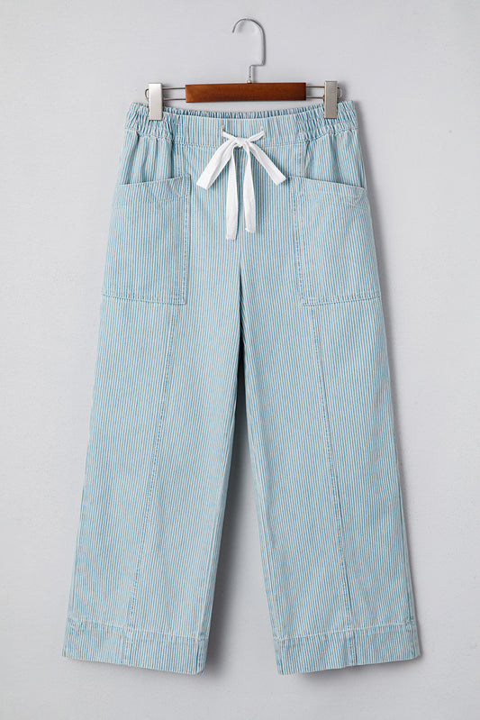 Sky Blue Stripe Mid Rise Drawstring Waist Jeans-Bottoms/Jeans-[Adult]-[Female]-Sky Blue Stripe-4-2022 Online Blue Zone Planet