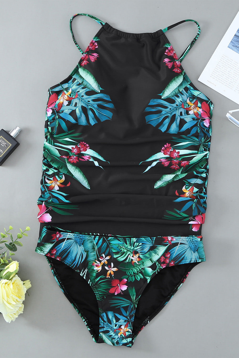 Blue Zone Planet |  Black Leaf & Flower Print Ruched Tankini Set Blue Zone Planet