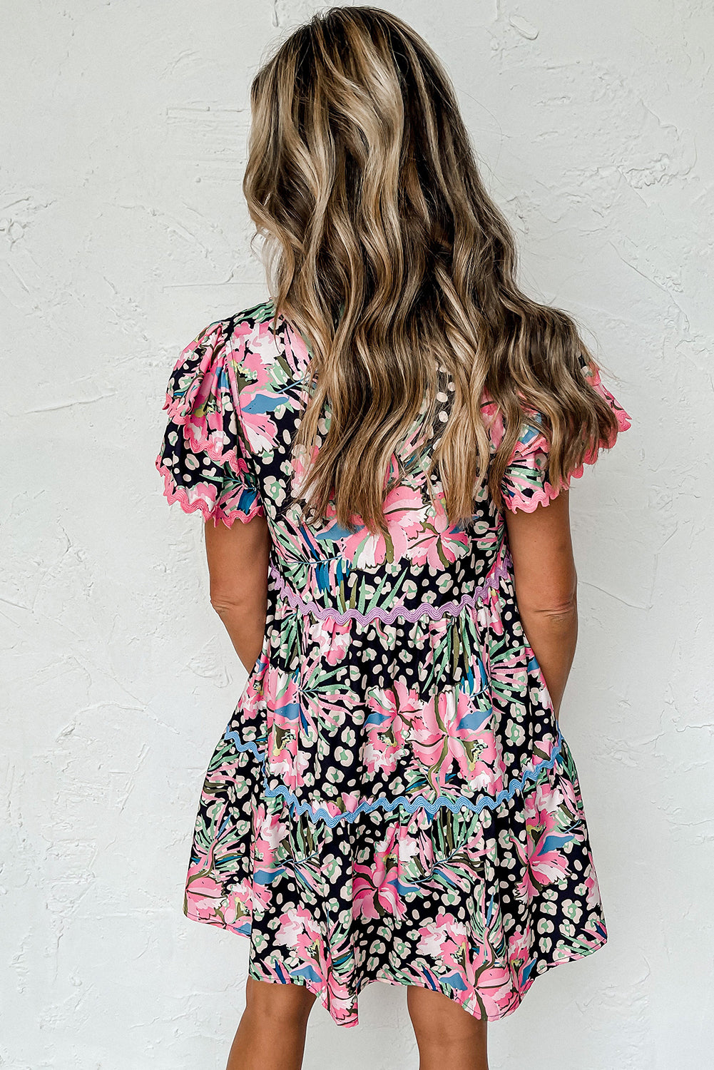 Blue Zone Planet |  Pink Floral Ricrac Embellished Tiered Mini Dress Blue Zone Planet