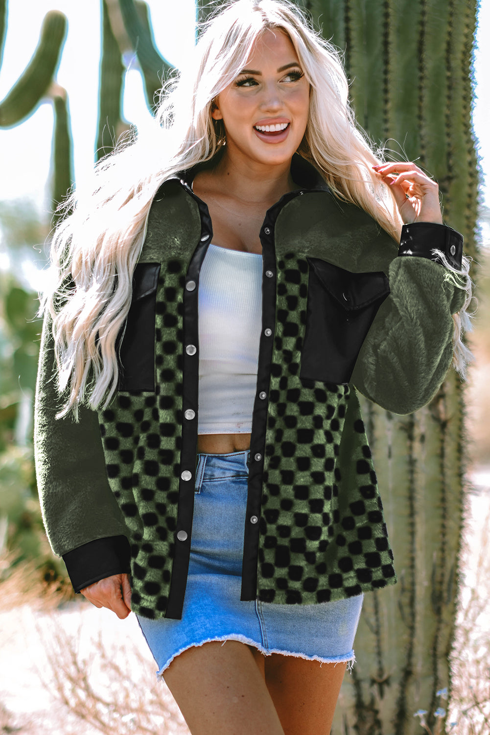 Blue Zone Planet | Vineyard Green Fleece Checkerboard Flap Pocket Snap Button Jacket-Outerwear/Jackets-[Adult]-[Female]-Vineyard Green-S-2022 Online Blue Zone Planet