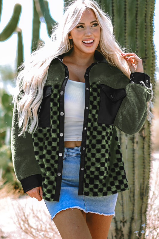 Blue Zone Planet | Vineyard Green Fleece Checkerboard Flap Pocket Snap Button Jacket-Outerwear/Jackets-[Adult]-[Female]-Vineyard Green-S-2022 Online Blue Zone Planet