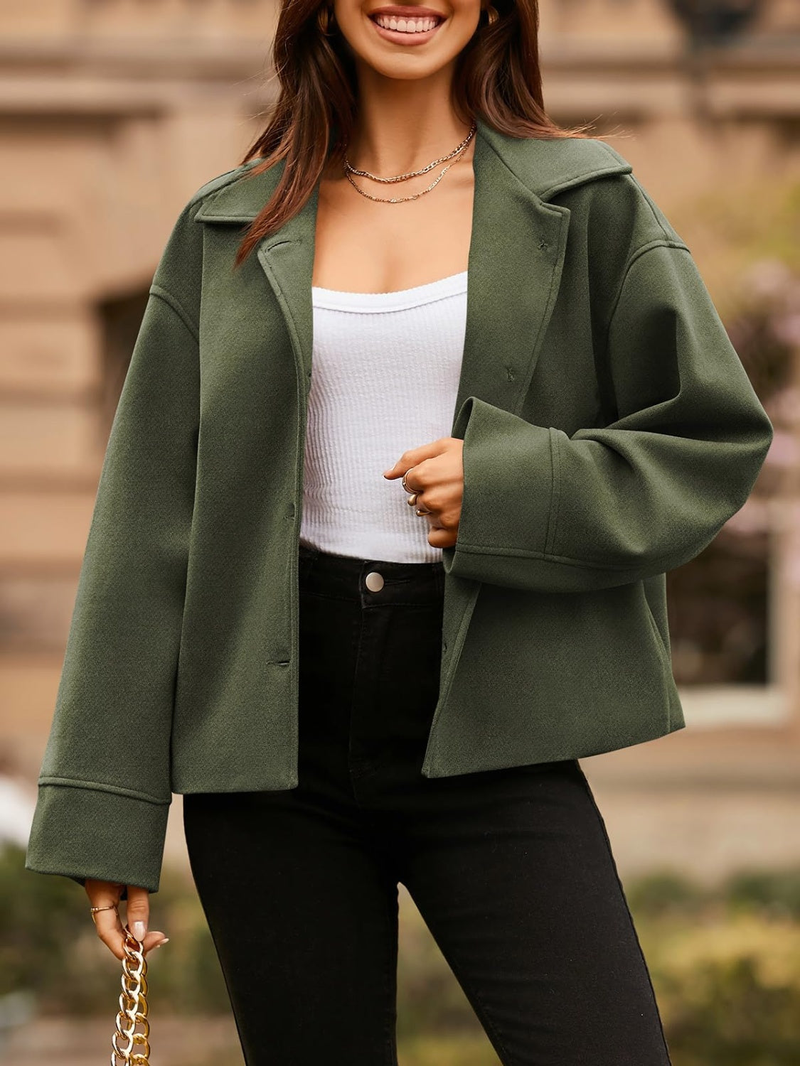 Collared Neck Dropped Shoulder Jacket-TOPS / DRESSES-[Adult]-[Female]-Army Green-S-2022 Online Blue Zone Planet