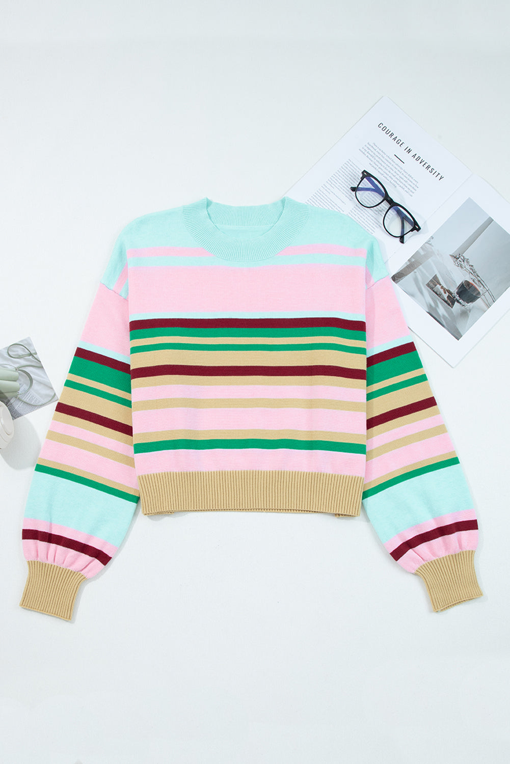 Multicolour Striped Knit Ribbed Trim Boxy Fit Cropped Sweater-Sweaters & Cardigans/Sweaters-[Adult]-[Female]-2022 Online Blue Zone Planet
