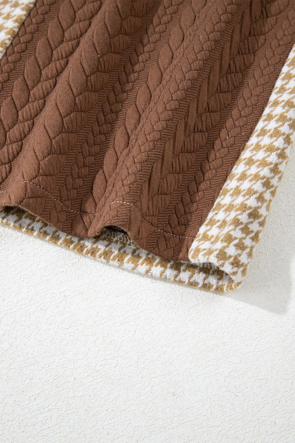 Khaki Houndstooth Color Contrast Textured Patchwork Loose Shacket-Outerwear/Jackets-[Adult]-[Female]-2022 Online Blue Zone Planet