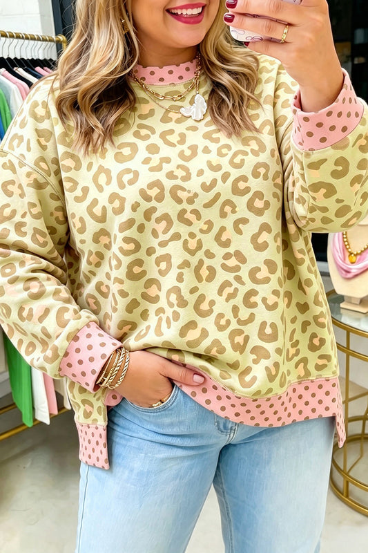 Khaki Plus Size Leopard Print Contrast Polka Dot Trim Long Sleeve Top-Plus Size/Plus Size Tops/Plus Size Long Sleeve Tops-[Adult]-[Female]-Khaki-1X-2022 Online Blue Zone Planet