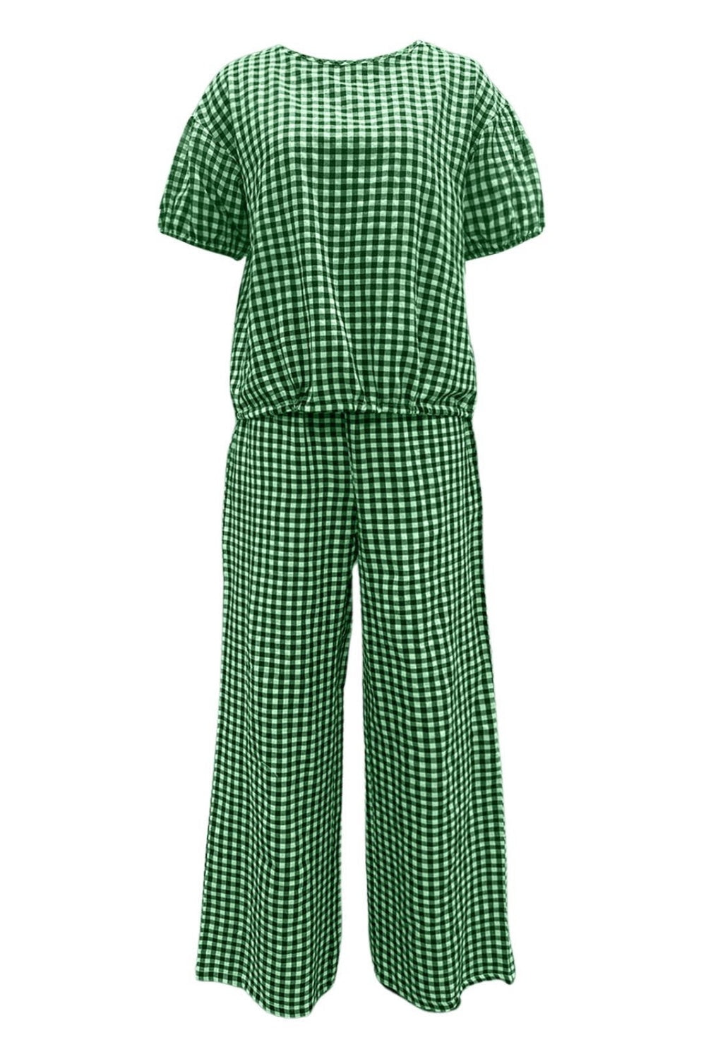 Full Size Plaid Round Neck Half Sleeve Top and Pants Set-TOPS / DRESSES-[Adult]-[Female]-2022 Online Blue Zone Planet