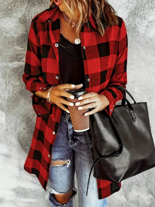 Plaid Collared Neck Snap Down Long Sleeve Jacket-TOPS / DRESSES-[Adult]-[Female]-Deep Red-S-2022 Online Blue Zone Planet