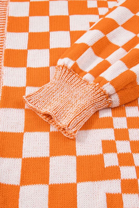 Orange Checkered Bubble Sleeve Drop Shoulder Open Cardigan-Plus Size/Plus Size Sweaters & Cardigans-[Adult]-[Female]-2022 Online Blue Zone Planet