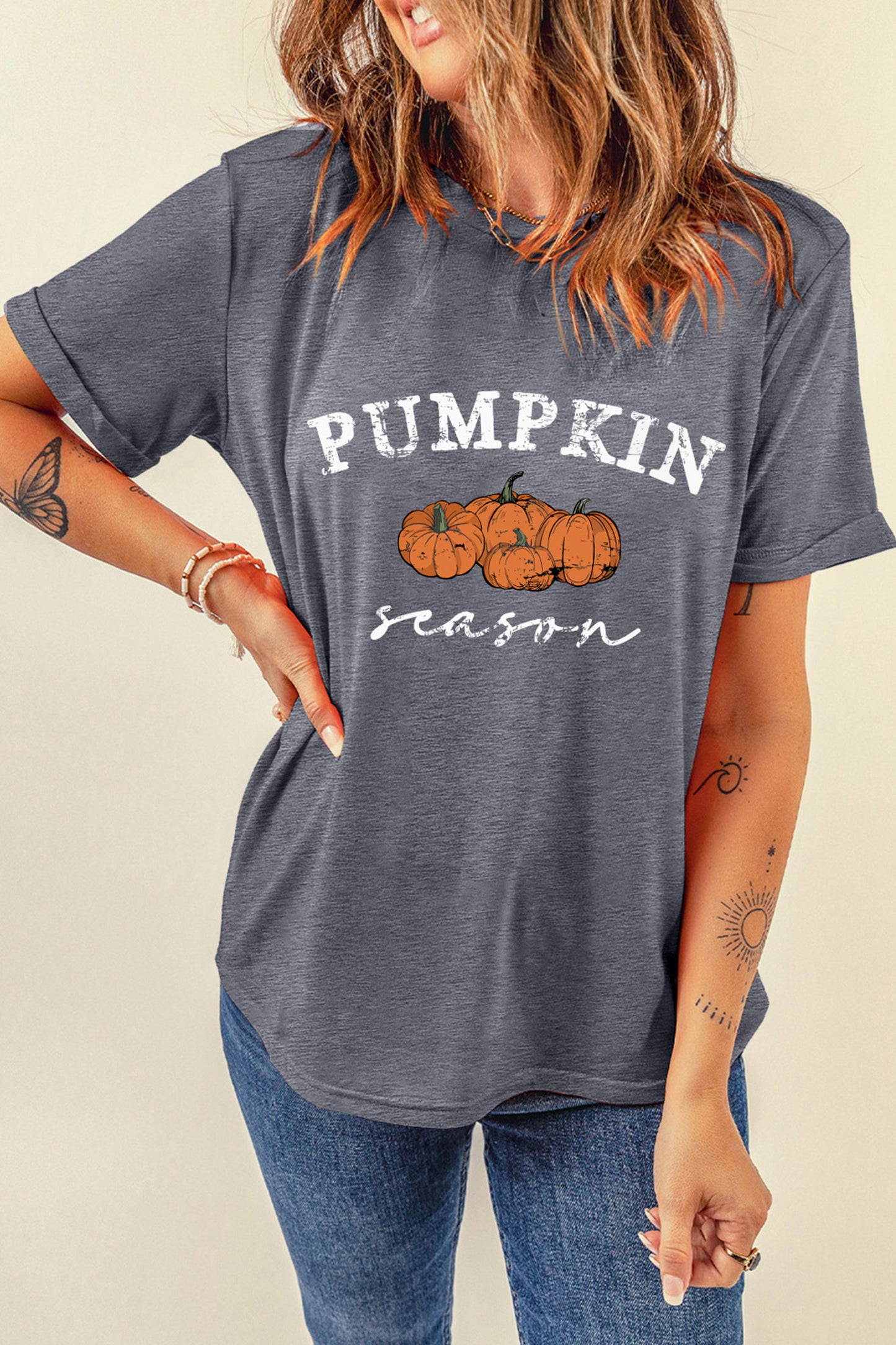 Gray Pumpkin Season Graphic Round Neck Short Sleeve T-Shirt-Graphic/Graphic Tees-[Adult]-[Female]-2022 Online Blue Zone Planet