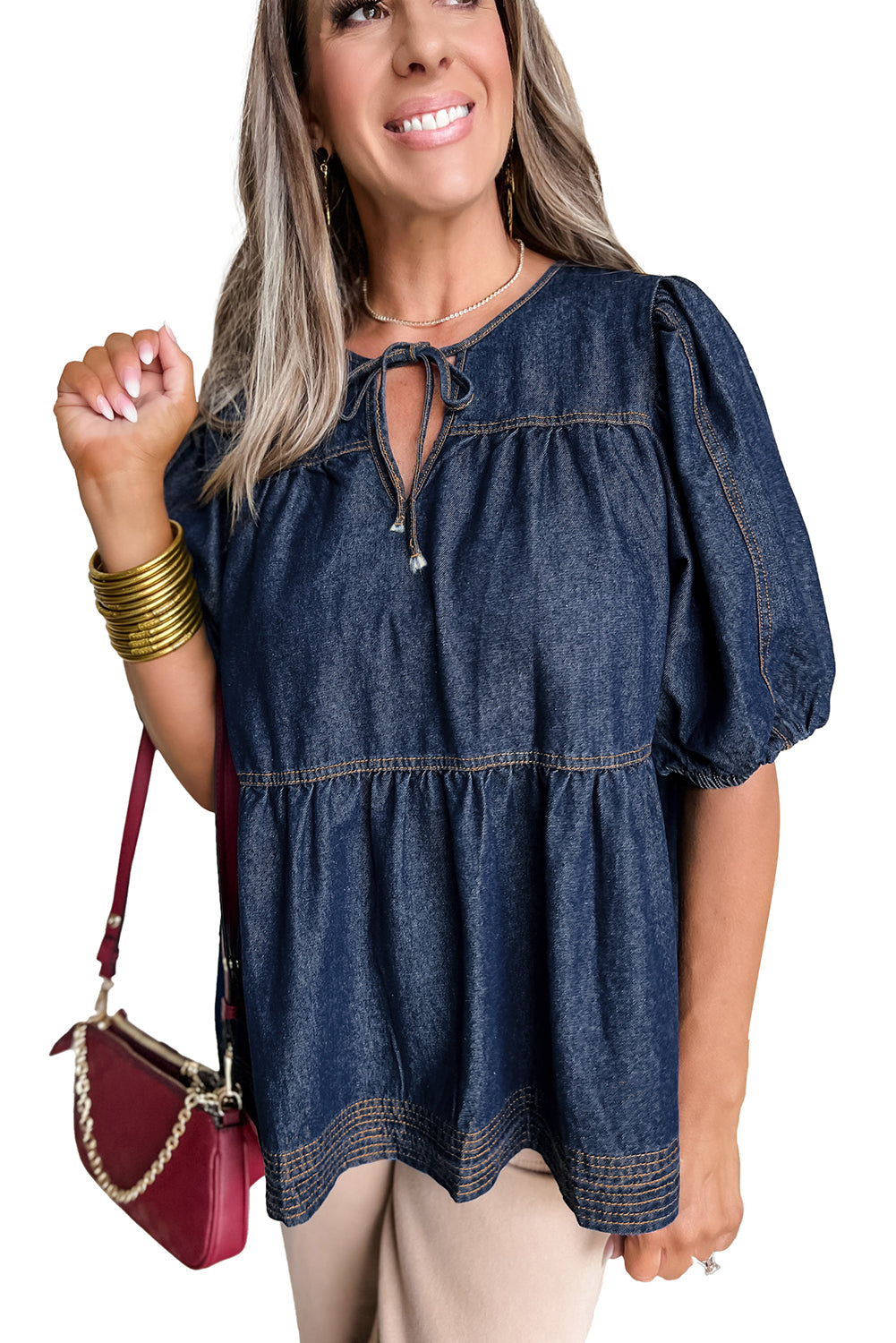 Sail Blue Puff Sleeve Lace-up Neckline Splicing Denim Blouse-Blouses-[Adult]-[Female]-2022 Online Blue Zone Planet