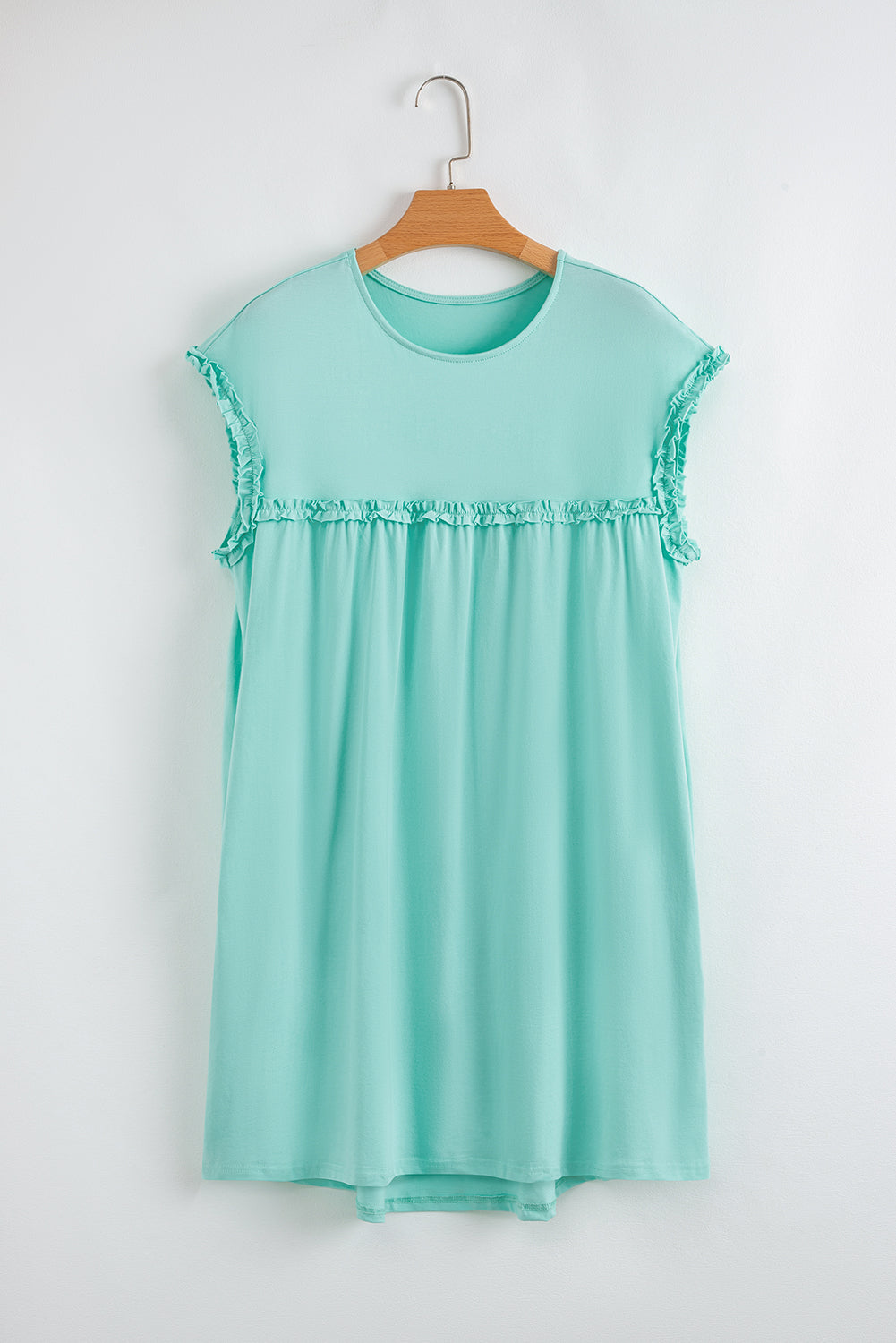 Mint Green Frilled Trim Crew Neck Loose Fit Mini Dress-TOPS / DRESSES-[Adult]-[Female]-2022 Online Blue Zone Planet