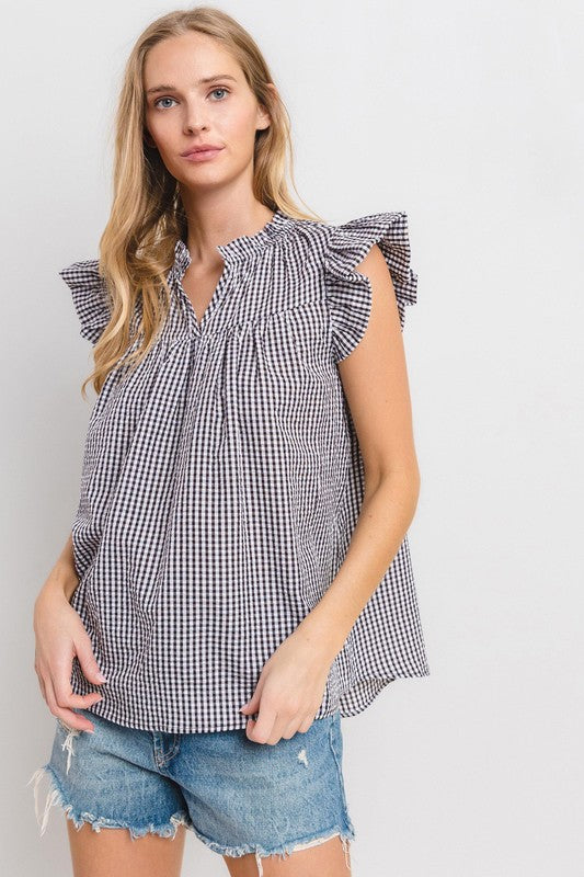 Ces Femme Plaid Notched Ruffled Cap Sleeve Blouse-TOPS / DRESSES-[Adult]-[Female]-2022 Online Blue Zone Planet