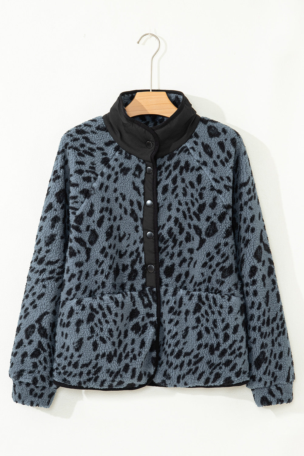 Blue Cow Print Buttoned Stand Collar Fleece Jacket-Outerwear/Jackets-[Adult]-[Female]-2022 Online Blue Zone Planet
