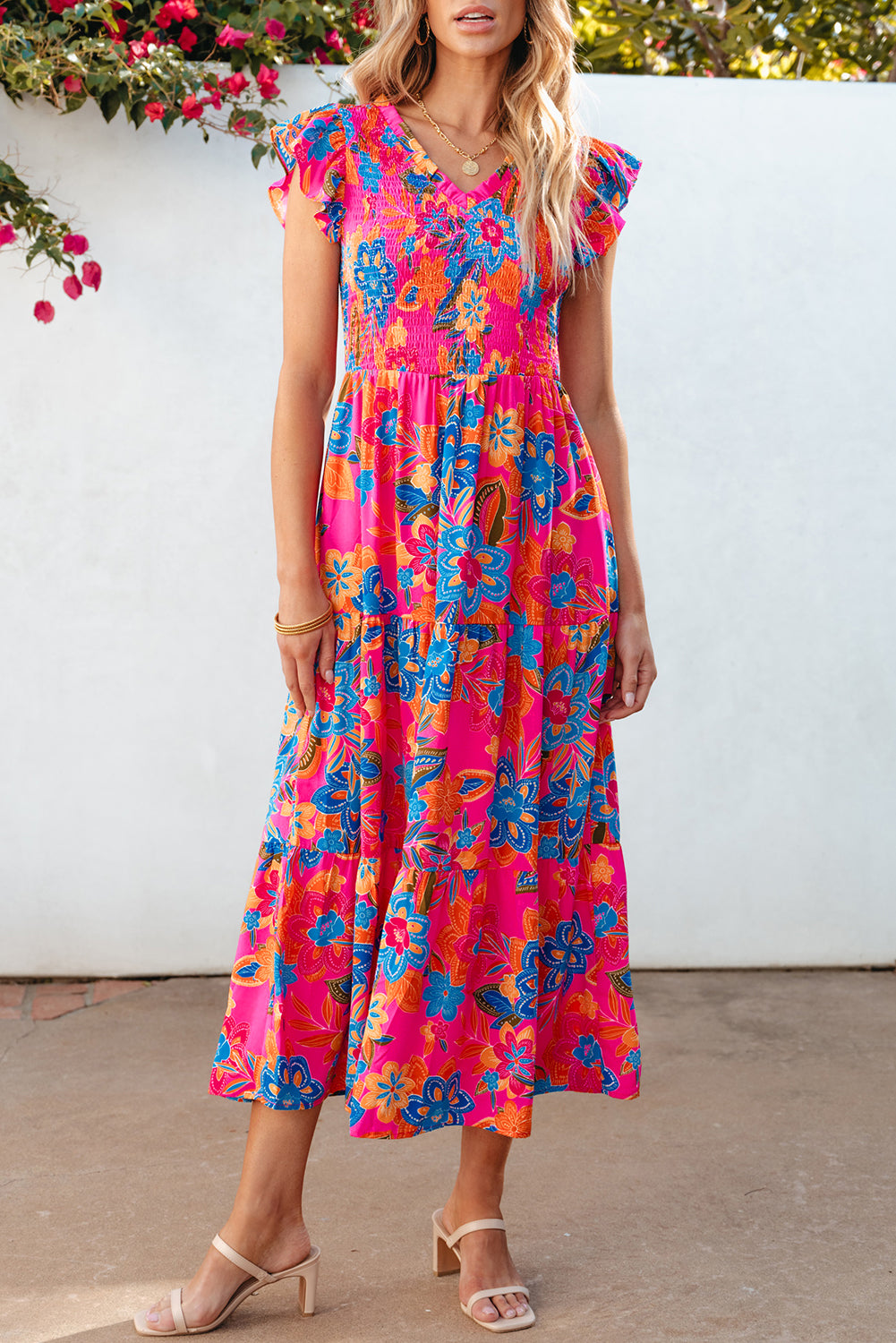 Blue Zone Planet |  Rose Red Boho Floral V Neck Ruffle Tiered Long Dress Blue Zone Planet