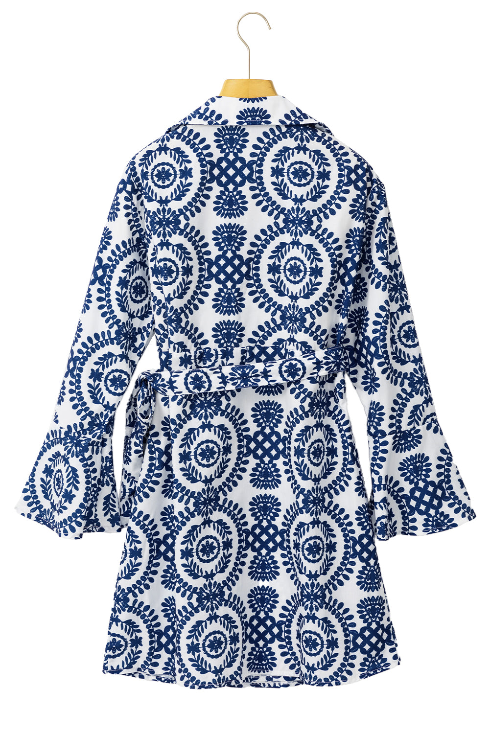 Blue Floral Print V Neck Wrapped Knot Long Sleeve Dress-Dresses/Floral Dresses-[Adult]-[Female]-2022 Online Blue Zone Planet