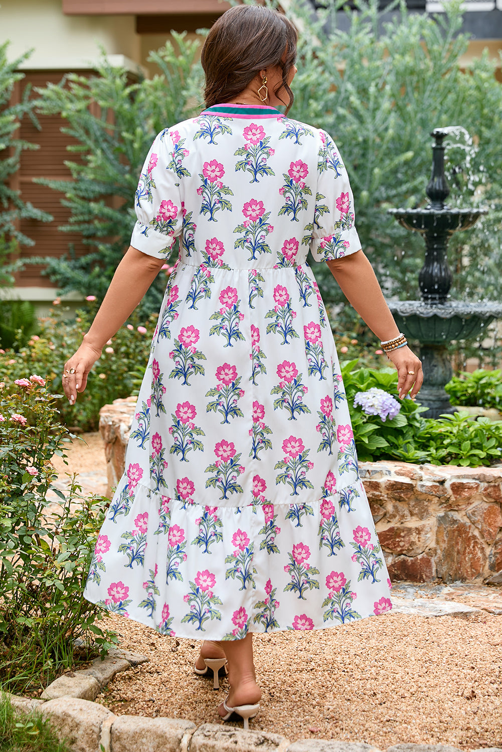 White Allover Print Contrast Split Neckline Short Puff Sleeve Curvy Dress-TOPS / DRESSES-[Adult]-[Female]-2022 Online Blue Zone Planet