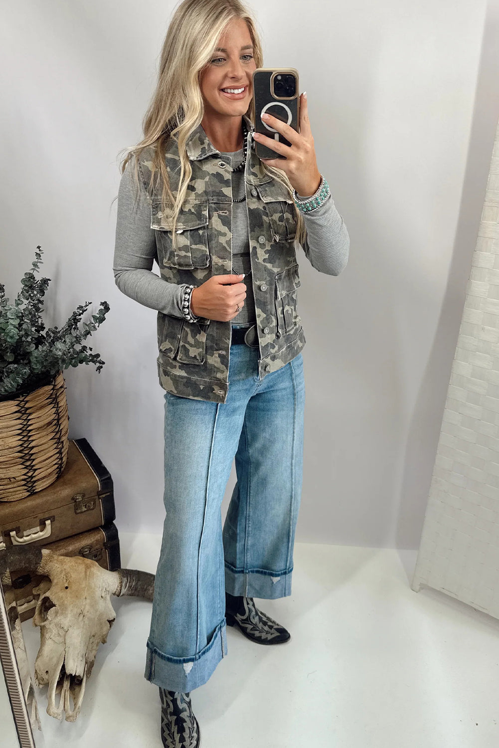Green Camo Cargo Denim Vest-Outerwear/Vests-[Adult]-[Female]-2022 Online Blue Zone Planet