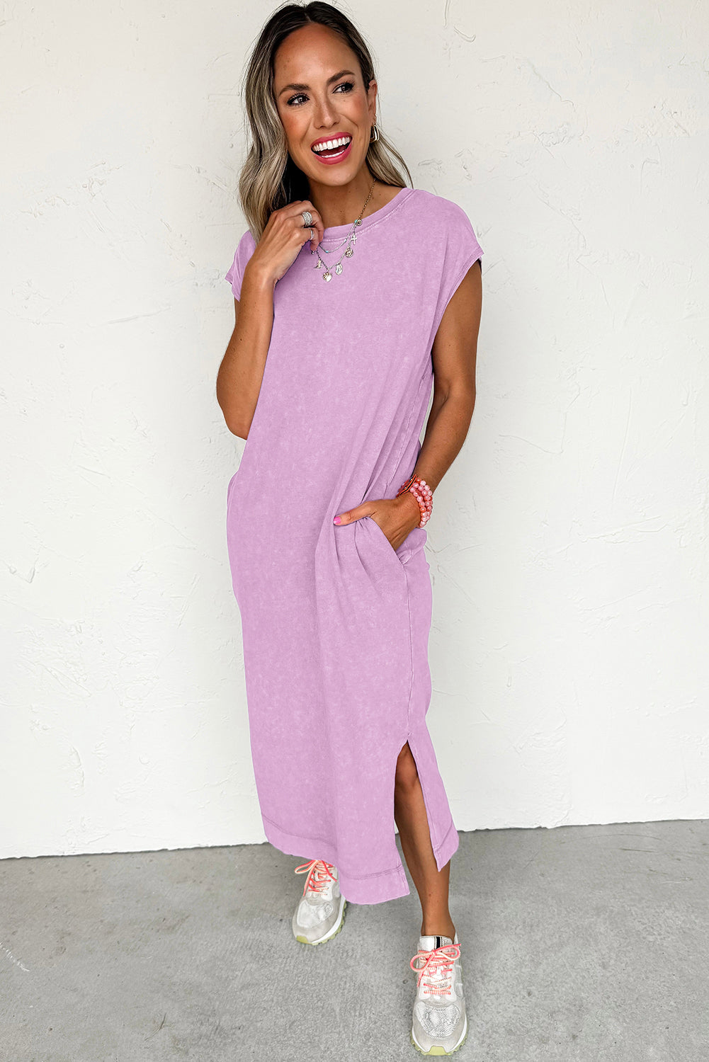 Wisteria Mineral Wash Pocketed T-shirt Dress-Midi Dresses-[Adult]-[Female]-2022 Online Blue Zone Planet