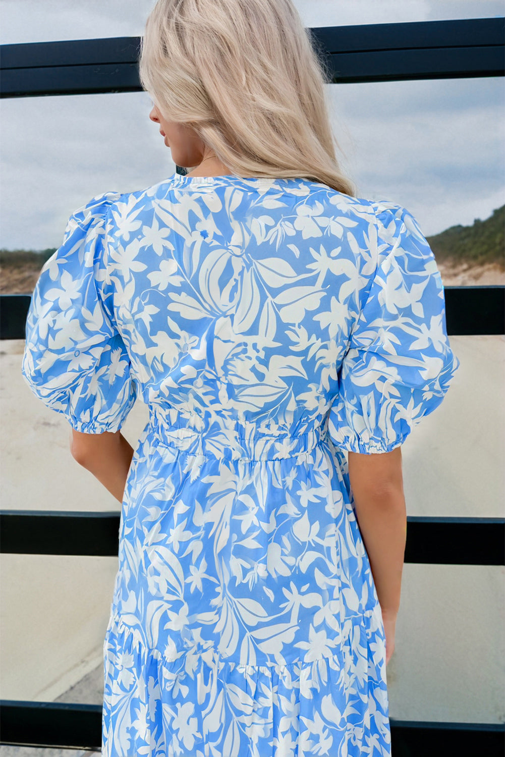 Sky Blue Floral V Neck Puff Short Sleeve Flowy Long Dress-TOPS / DRESSES-[Adult]-[Female]-2022 Online Blue Zone Planet