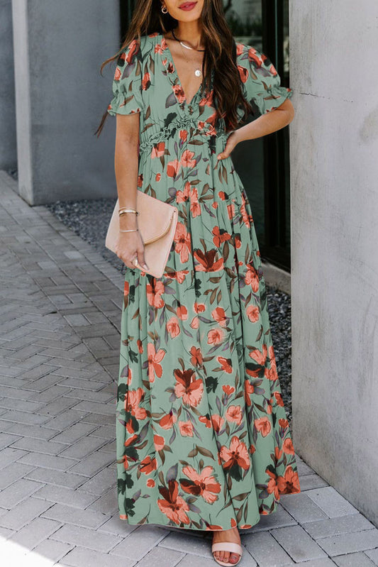 Green Fiery Floral Print Frilled V Neck Short Sleeve Maxi Dress-Dresses/Maxi Dresses-[Adult]-[Female]-Green-S-2022 Online Blue Zone Planet